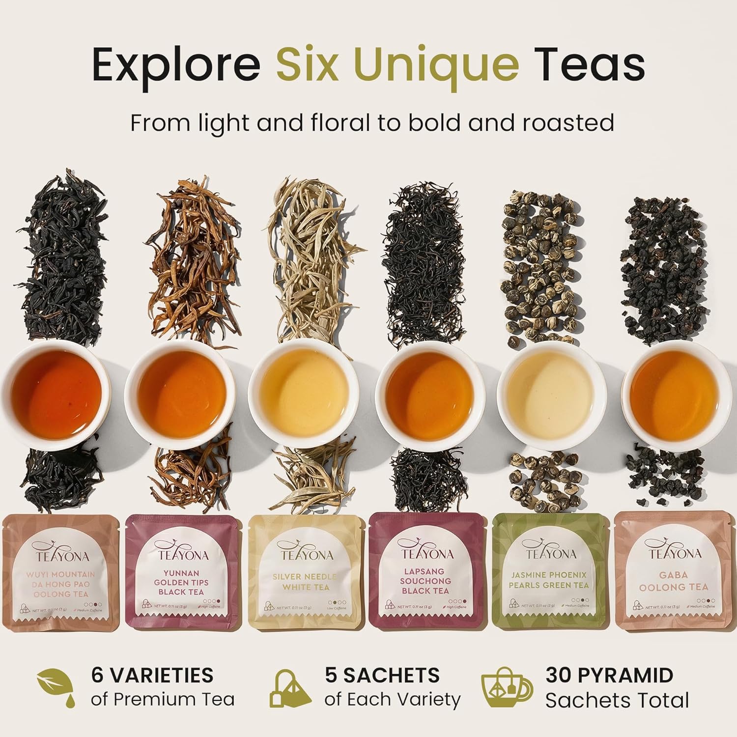 Teayona Premium Tea Variety Pack, 30 Pure Whole Leaf Tea Sachets, 6 Varieties