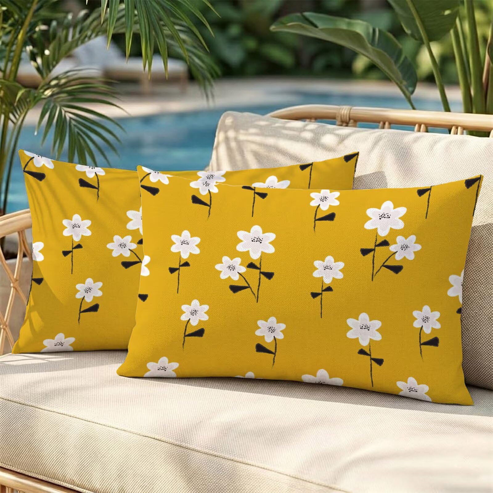 Housses de coussin extérieur imperméable 50x90 cm lot de 2 jaune en lin pour jardin et sofa