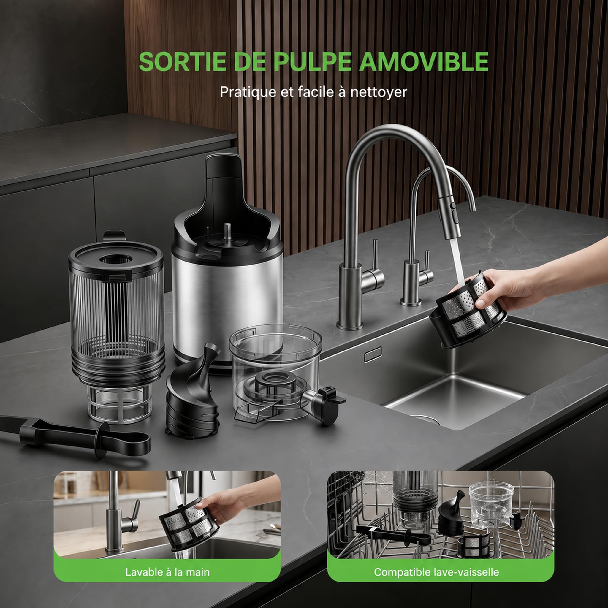 RUIE Extracteur de Jus de Fruits et Légumes, Extracteur de Jus à Grande Ouverture de 130 mm, Slow Juicer de 2 L, Moteur de 250 W, Pression à Froid, Fonction Inversion, Facile à Nettoyer