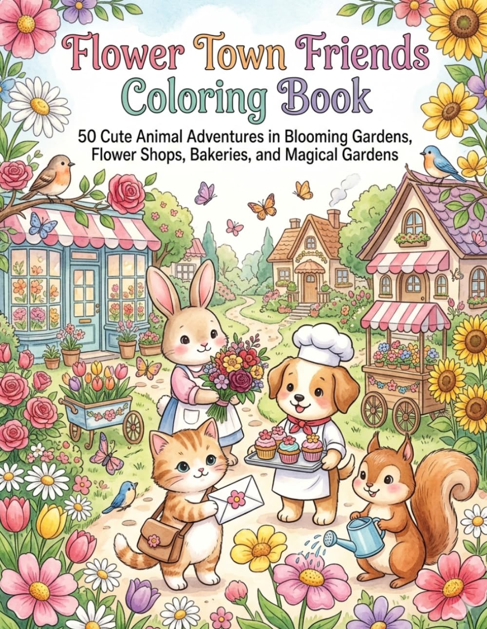Flower Town Friends Coloring Book: 50 Cute Animal Adventures in Blooming Gardens, Flower Shops, Bakeries, and Magical Gardens