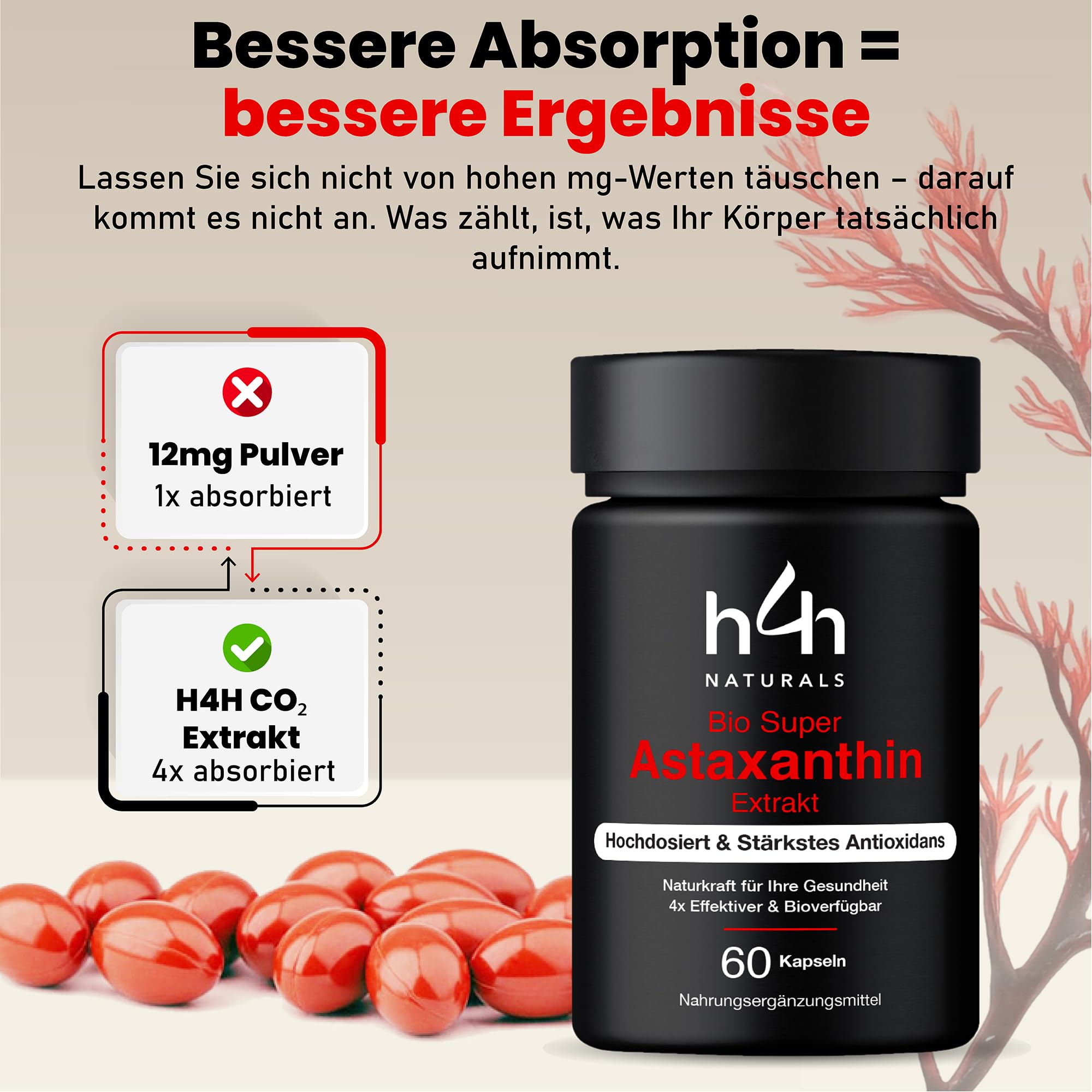 H4H Bio Super Astaxanthin – Hochdosiert mit 4x besserer Aufnahme | Mit Bio-Olivenöl aus Griechenland – Vegan, laborgeprüft & ohne Zusatzstoffe