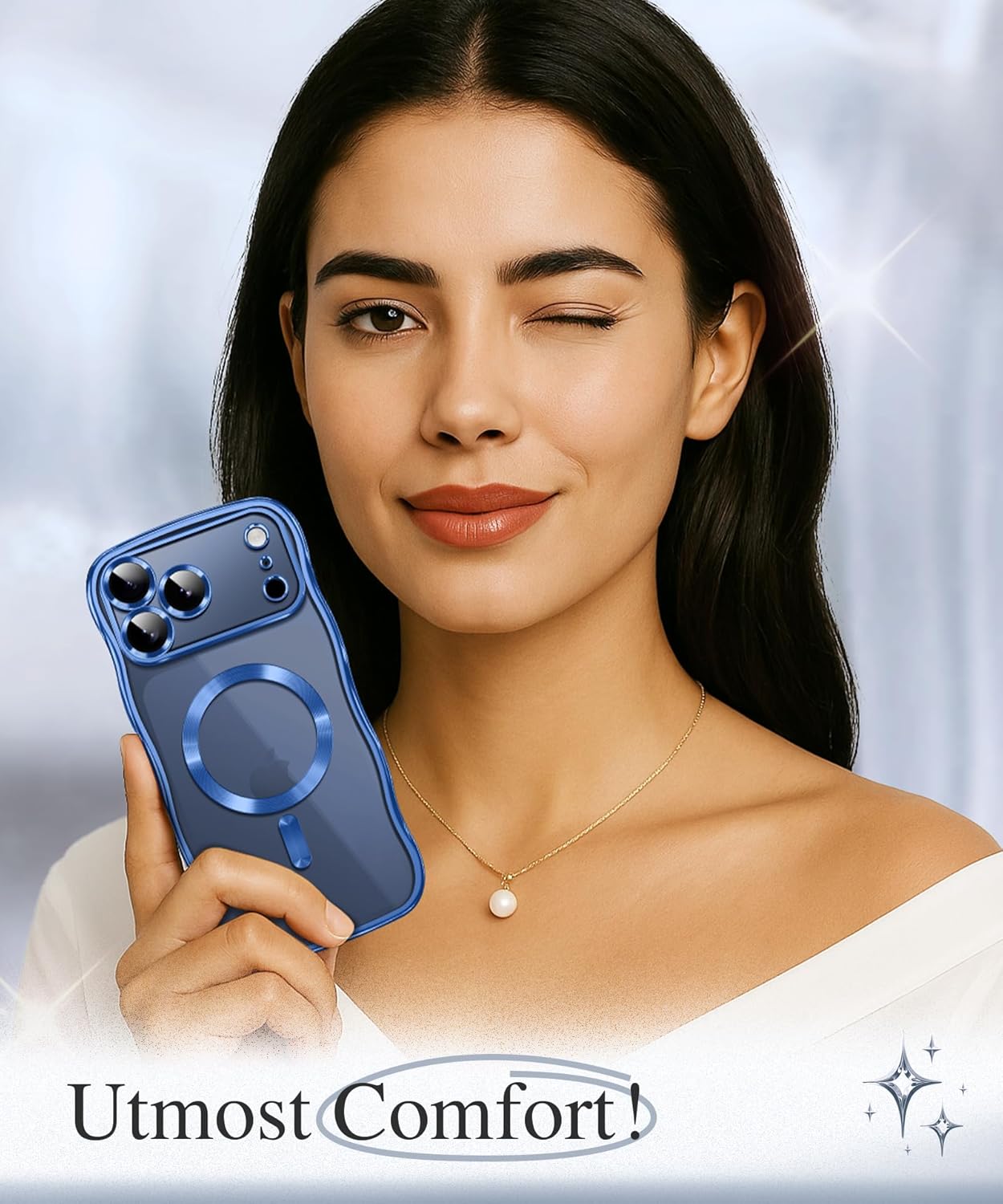 GVIEWIN for iPhone 17 Pro Max Case [Compatible with MagSafe][Upgraded Full Camera Protection][Cute Wave Frame] Glossy Slim Shockproof Protective Magnetic Phone Case for 17 Pro Max 6.9'', Clear/Blue - Image 9