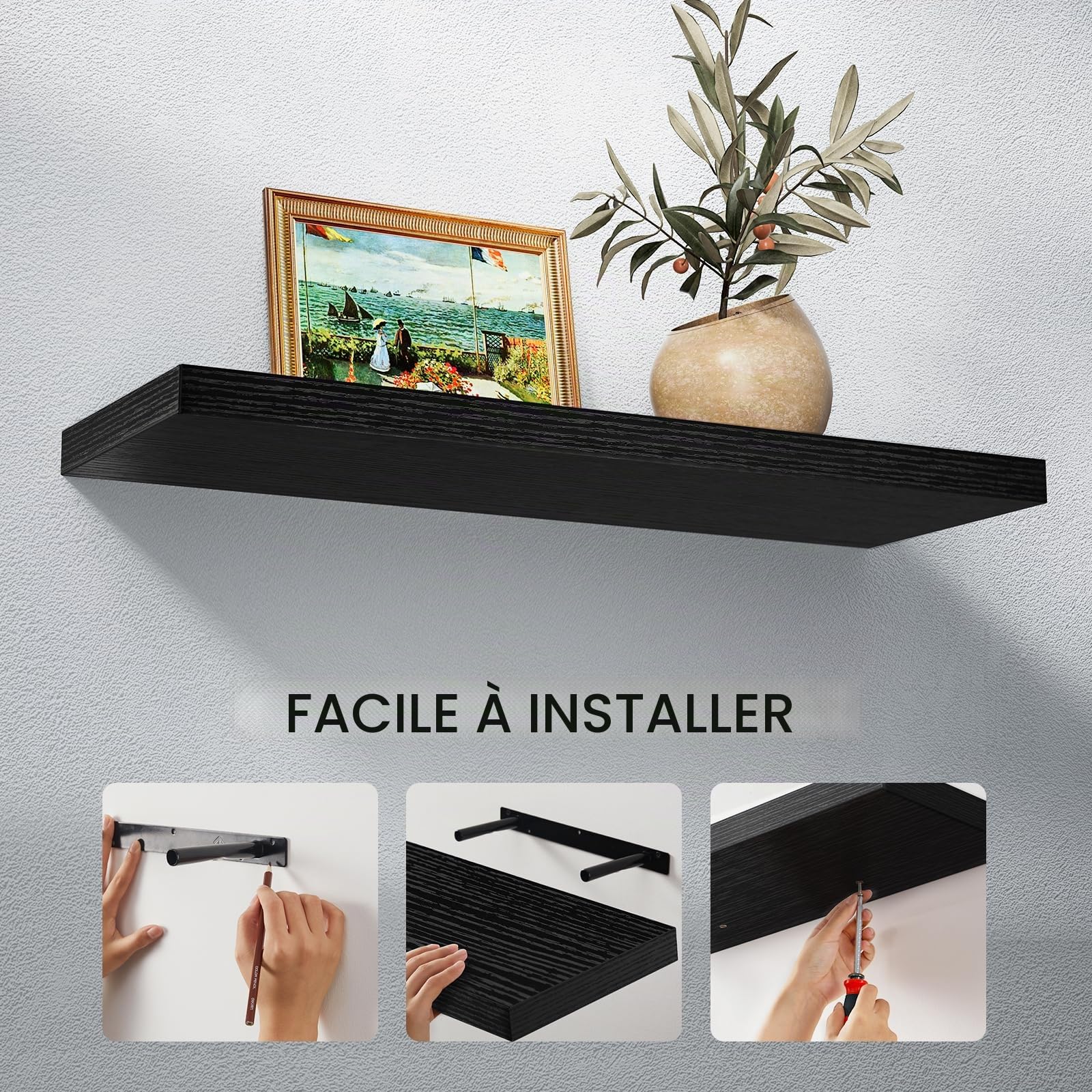 STOREMIC étagère Murale 60 cm avec Supports cachés, Lot de 2, Noir | Étagères murales pour chambre, salle de bain, bureau et salon, panneaux MDF, rangement flottant moderne, montage facile