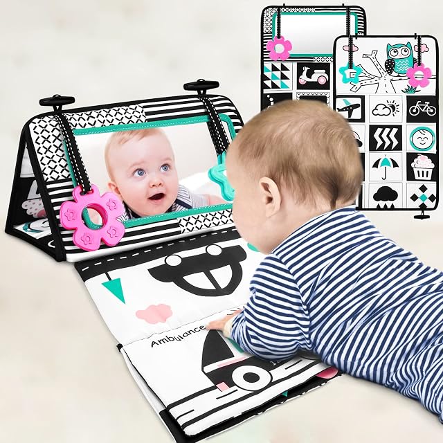 Sirecal Baby Tummy Time Mirror Flip Mirror for Baby Play Newborn Mirror Toy with Teether Black and White Sensory Toys Soft Cloth Book Developmental Gift for Infants Girls Boys 0-6 Months