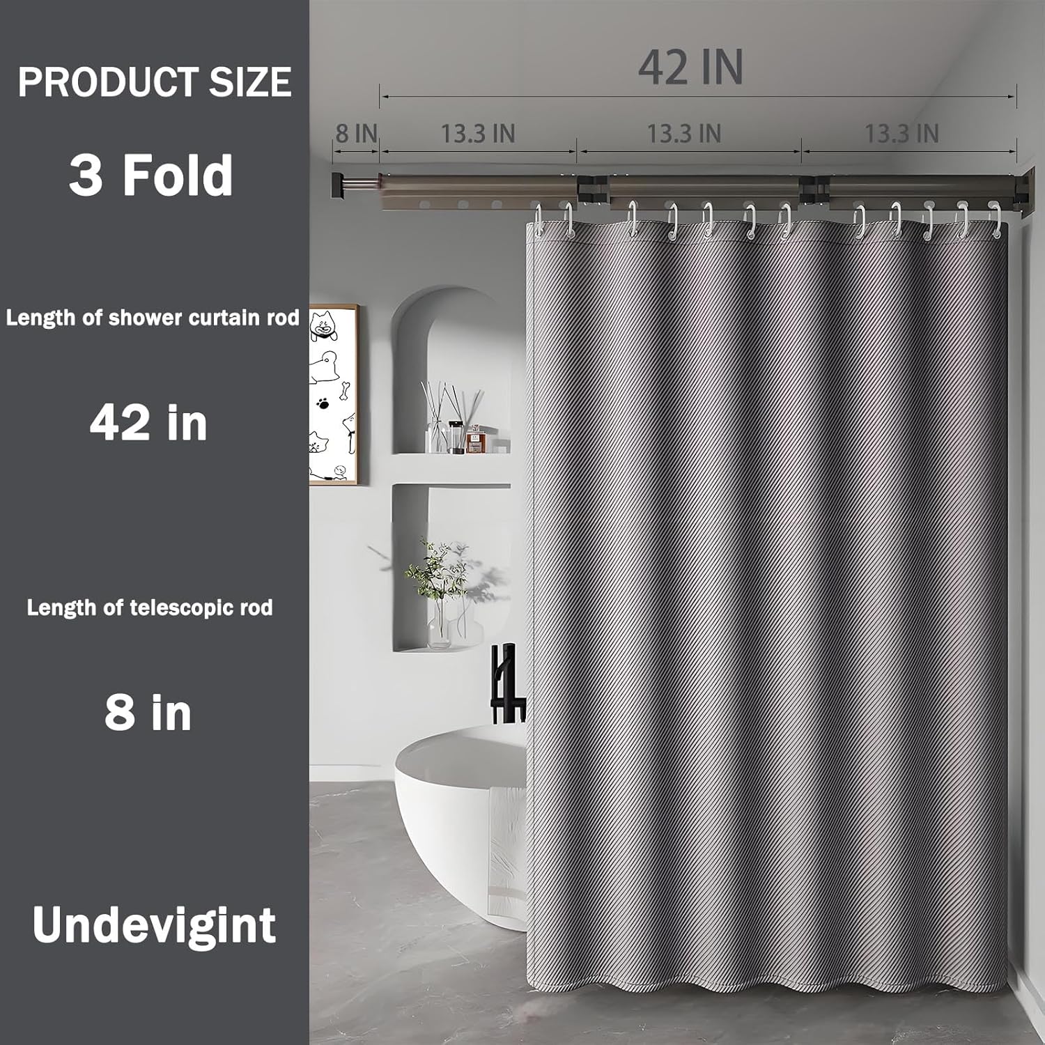 Wall Mount Folding Shower Curtain Rod, 42 Inches (3-Fold), Adjustable Diamond Shaped Corner Shower Curtain Rod 90 Degrees, No Drill, Space Saver, Bathroom Bathtub, Clothing Store, Dressing Rooms