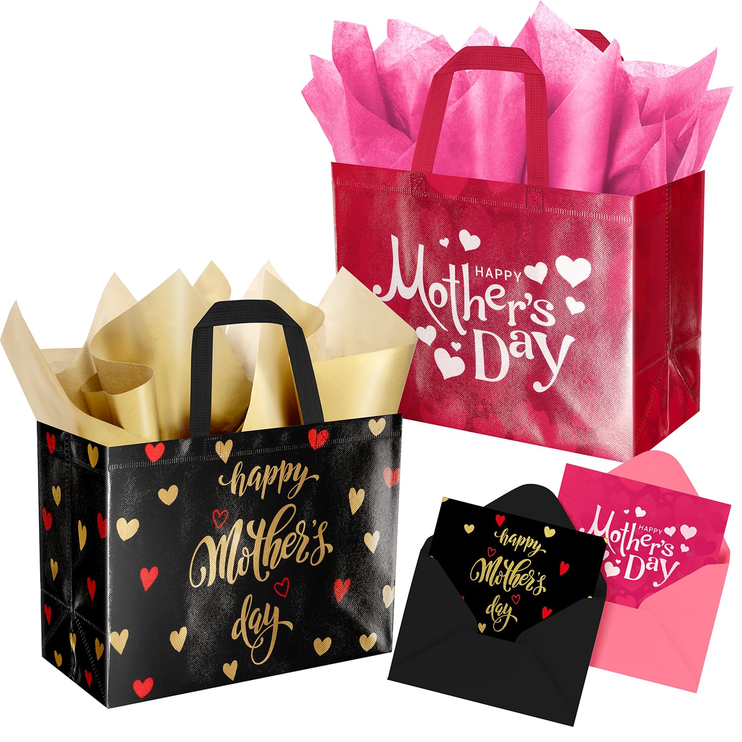 ysmile 2 Pack Mother’s Day Gift Bags with Tissue Paper & Cards – Reusable Non-Woven Gift Totes for Mom, Grandma, Grandmother (12.6", Pink & Black Gold)