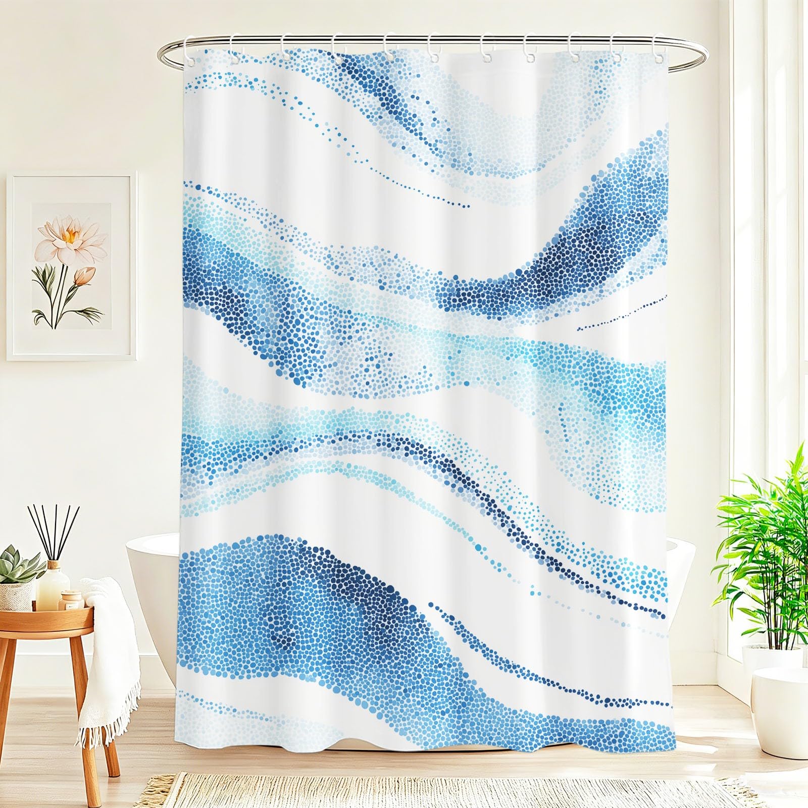 Rideau de Douche Moderne Minimaliste en Polyester imperméable et Lavable avec Crochets, 240 x 200 cm, Rideau de Salle de Bain Abstrait Frais Été Pois Fluide Vagues pour Salle de Bain