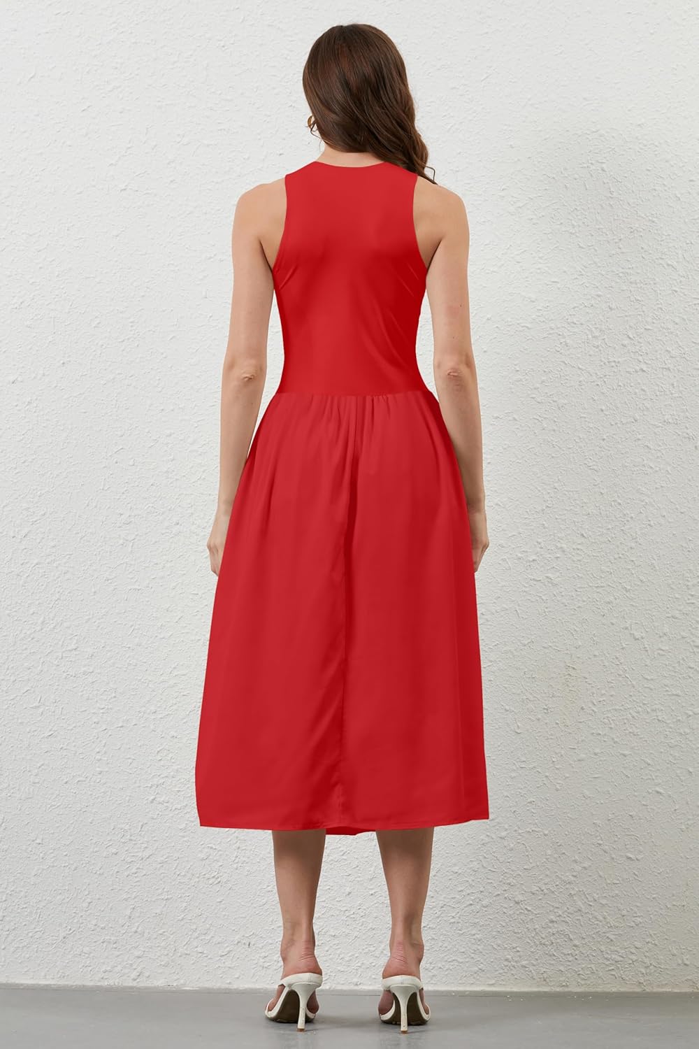 Women Summer Sleeveless Midi Dress Casual High Neck Patchwork Tank Sundress Flowy Boho A Line Dress with Pockets - Image 7