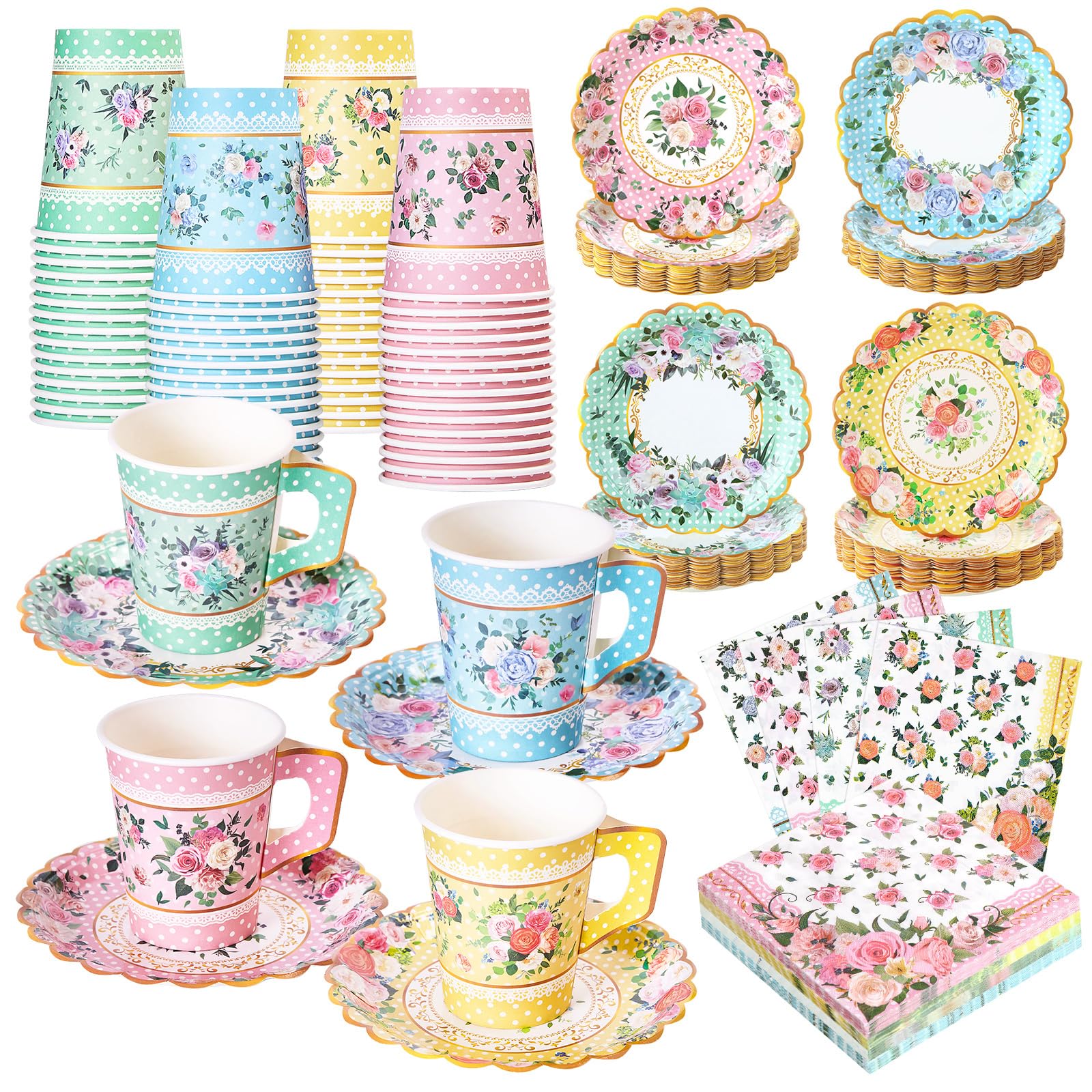 SUMMORO 180 Pcs Floral Paper Tea Cups and Plates 9 OZ Disposable Paper TeaCups and Saucers with Tea Party Napkins Set for Tea Party Decoration