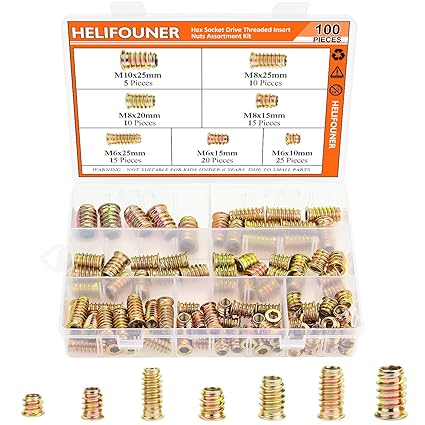 HELIFOUNER 100 Pieces M6 M8 M10 Threaded Insert Nuts Assortment Kit for Wood Furniture