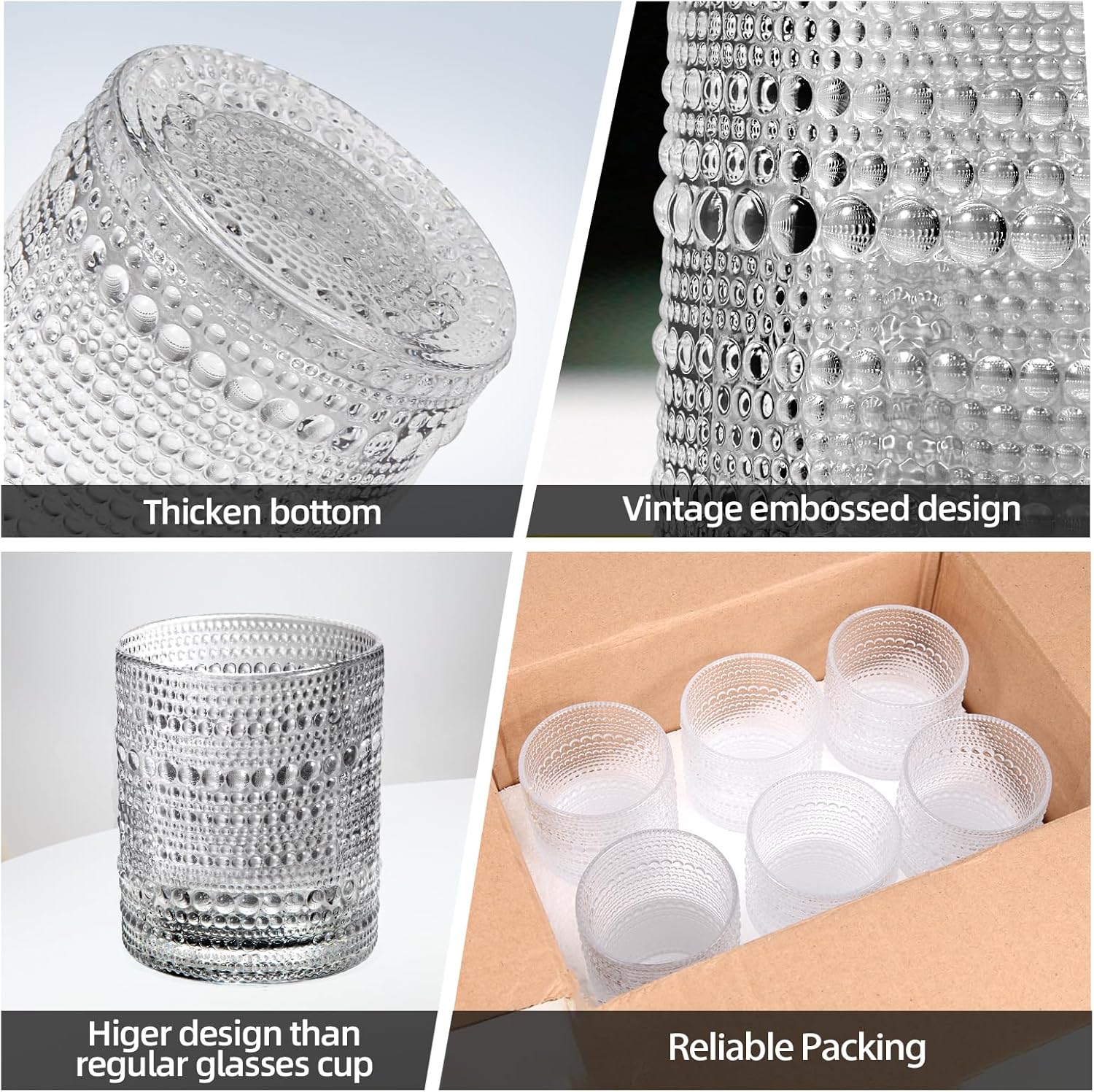 Hobnail Glasses Set of 6 Highball Vintage Drinking Glasses 12OZ Clear Embossed Vintage Glassware Hobnail Glass Cup for Water, Juice,Cocktail, Wine, Beer, Whiskey for Thanksgiving Day, Christmas Gift - Image 4