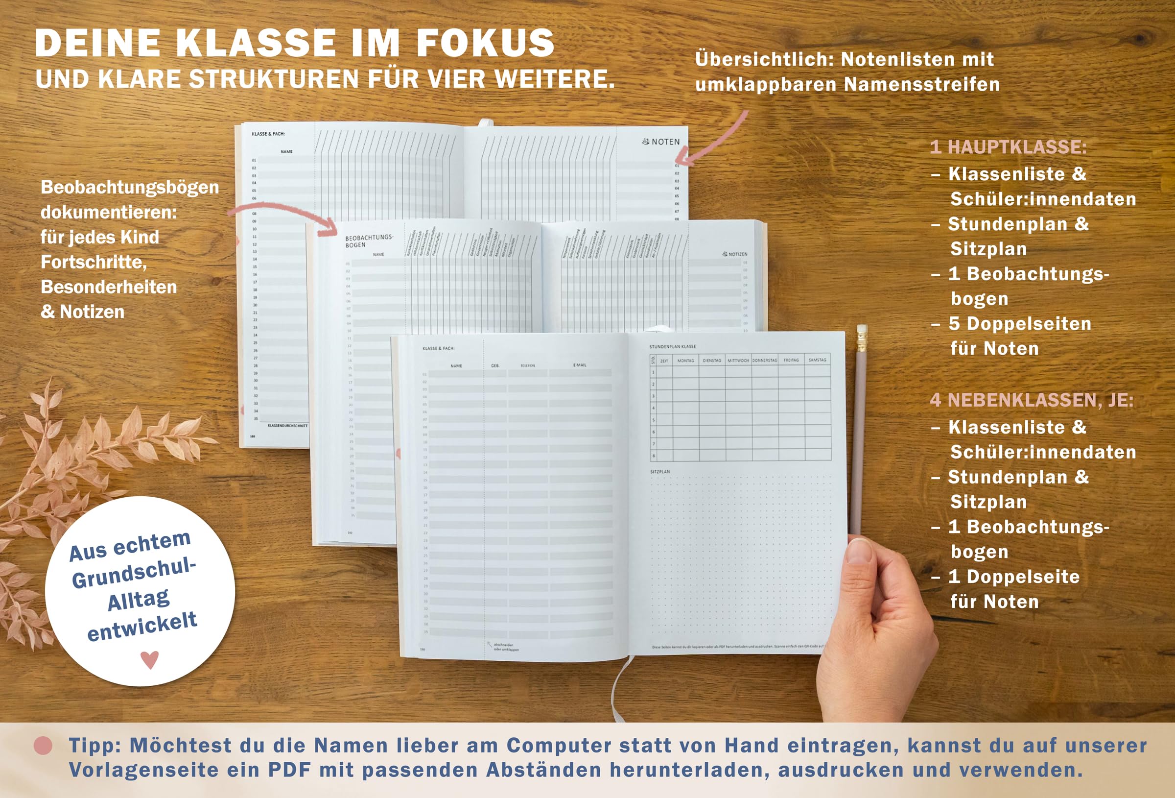 Eine der Guten Grundschulplaner 2026/2027 A5 Softcover – Lehrerkalender Grundschule 2026 2027 | Leseband, 6 Stunden, Beobachtungsbögen | nachhaltig, FSC-Papier, klimaneutral | Creme Blau Rosa Blumen