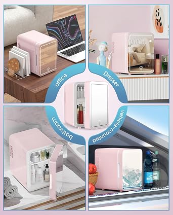 CUTIEWORLD Skincare Fridge with Dimmable LED Light Mirror, 4L Mini Fridge For Desktop, Travel or Cool & Heat, Makeup Fridge for Cosmetics, Skin Care and Food, Pink