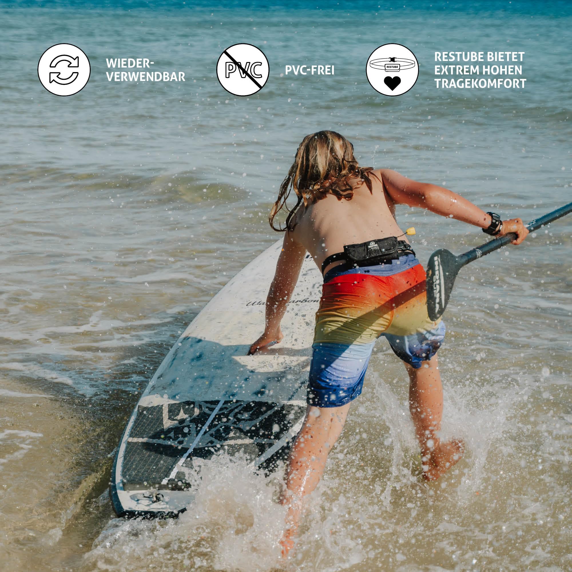 Restube Beach Schwimmboje-Starterbundle | Enthält eine aufblasbare Rettungsboje, 2 CO2-Ersatzpatronen und wasserfestes reflektierendes Band