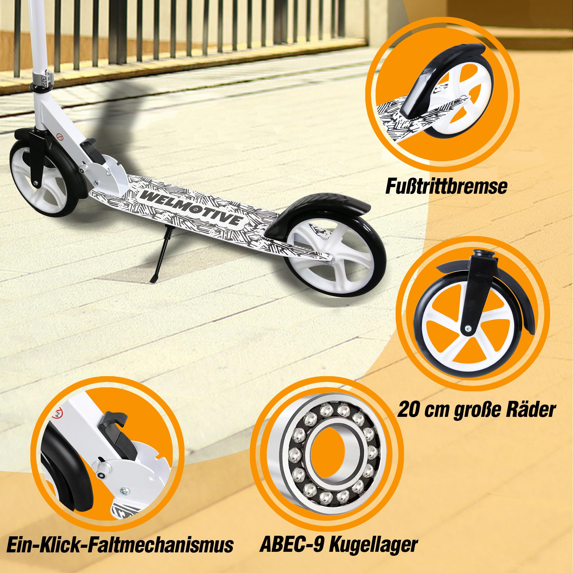 Tretroller für Kinder & Erwachsene – Klappbarer Cityroller mit höhenverstellbarem Lenker – Scooter mit Ständer – Keine Montage nötig – Leicht bis 100KG