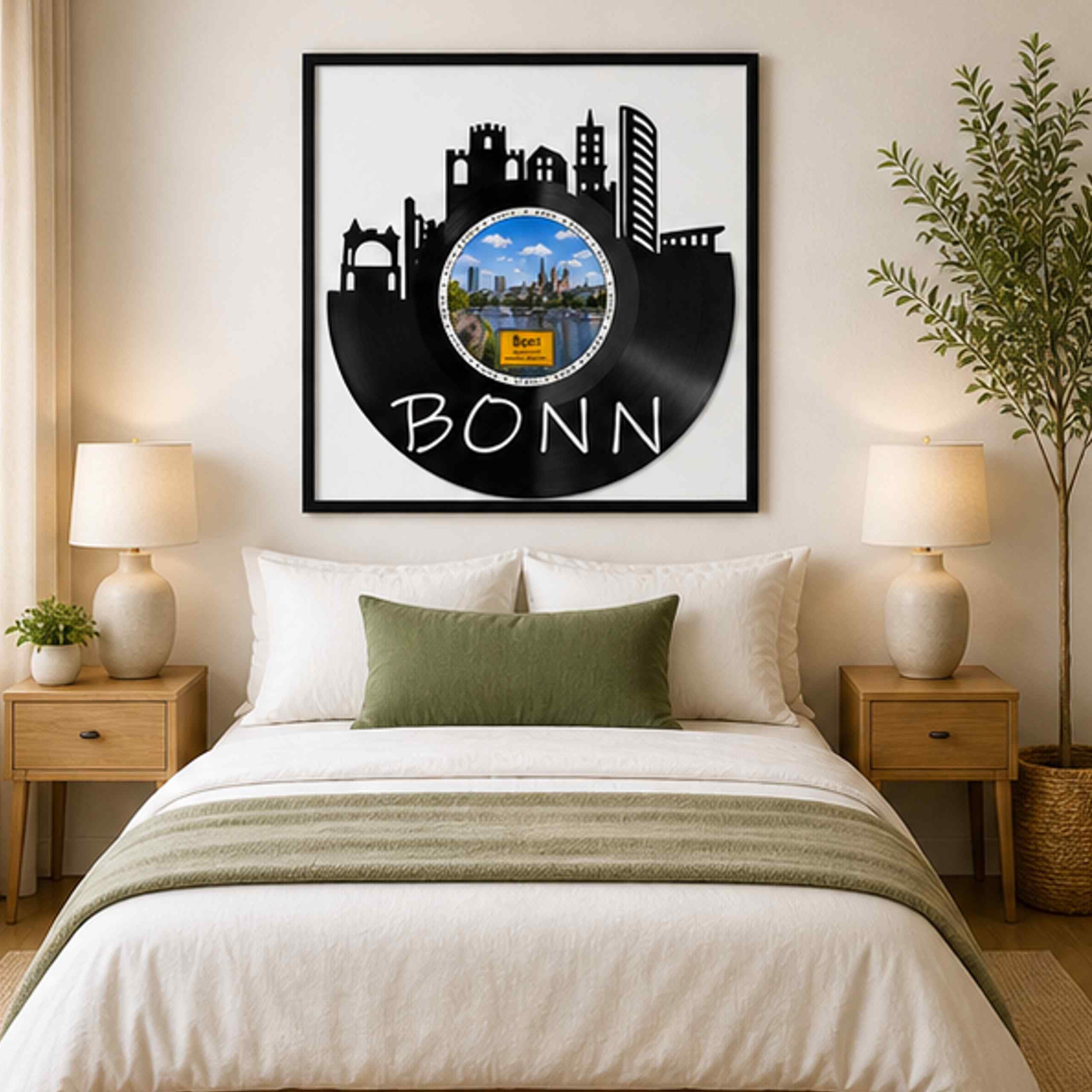 EVEVO Bonn - Decorazione da parete in vinile, con cornice, 32 x 32 cm, motivo: città federale, regalo per gli amanti della musica