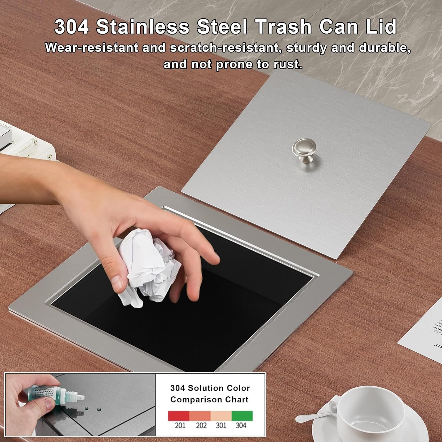 Countertop Trash Can Lid, 304 Stainless Steel Built-in Waste Trash Chute Cover, Lift-top Garbage Can Lid, for Kitchen Office Restaurant(White)