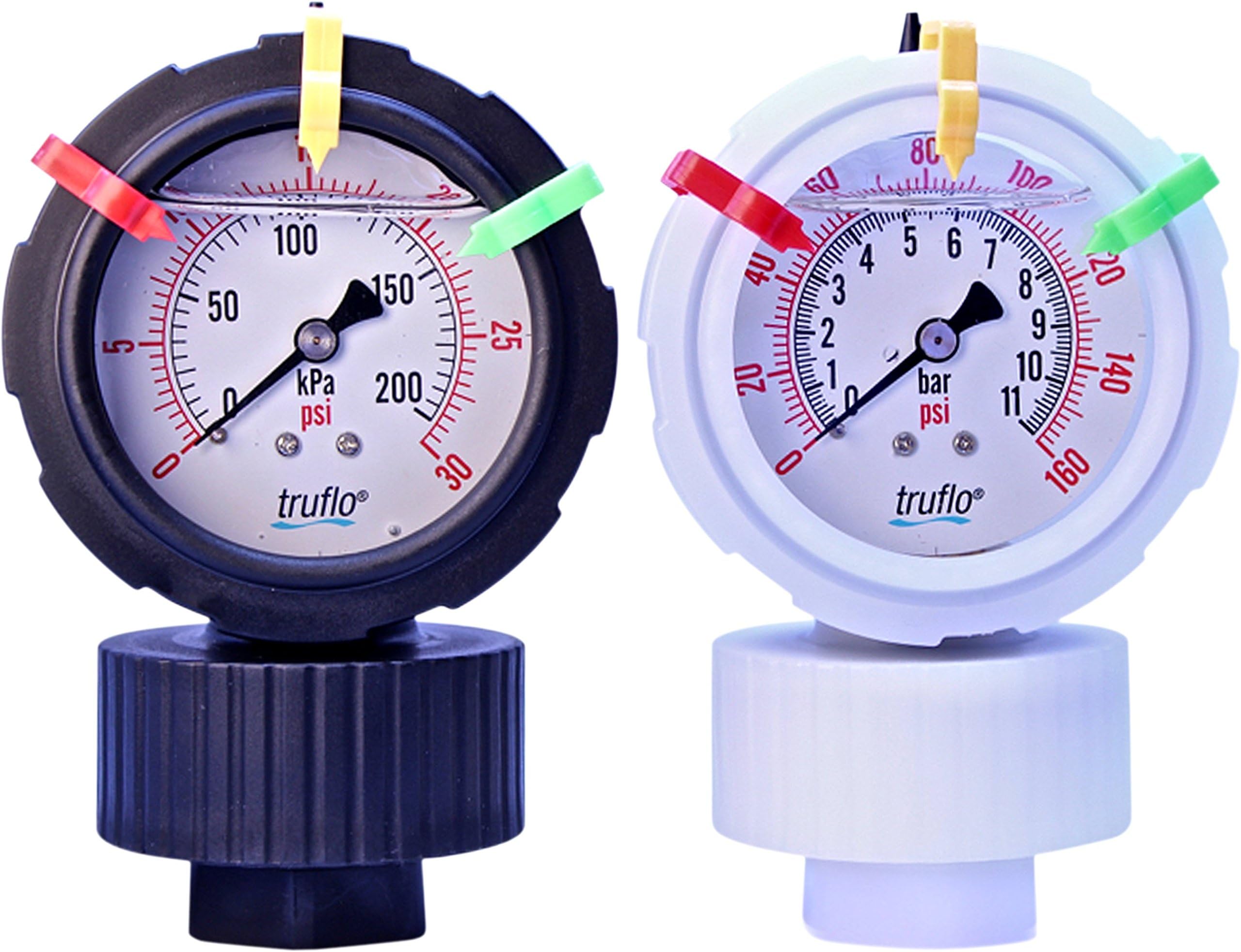 0-100 PSI ALL PLASTIC GAUGE WITH INTEGRALLY MOLDED ISOLATOR, PVDF HOUSING, PTFE DIAPHRAGM, 1/2" NPT PVDF PROCESS CONNECTION, LIQUID FILLED, RANGE TABS