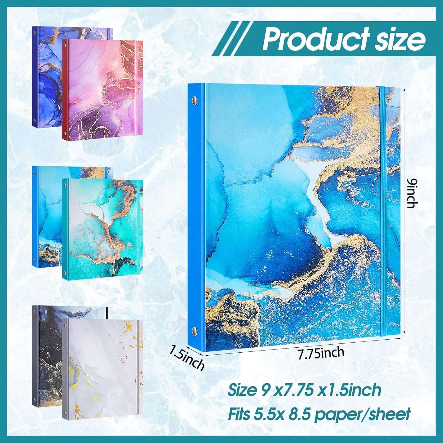 6 Pack Mini Binders 5.5 x 8.5 Three Ring 1 Inch Marble Binder with Elastic Cord Cute Hardcover Marble Binder Floral for School Office Home Photo Album Pages(Marble Style)