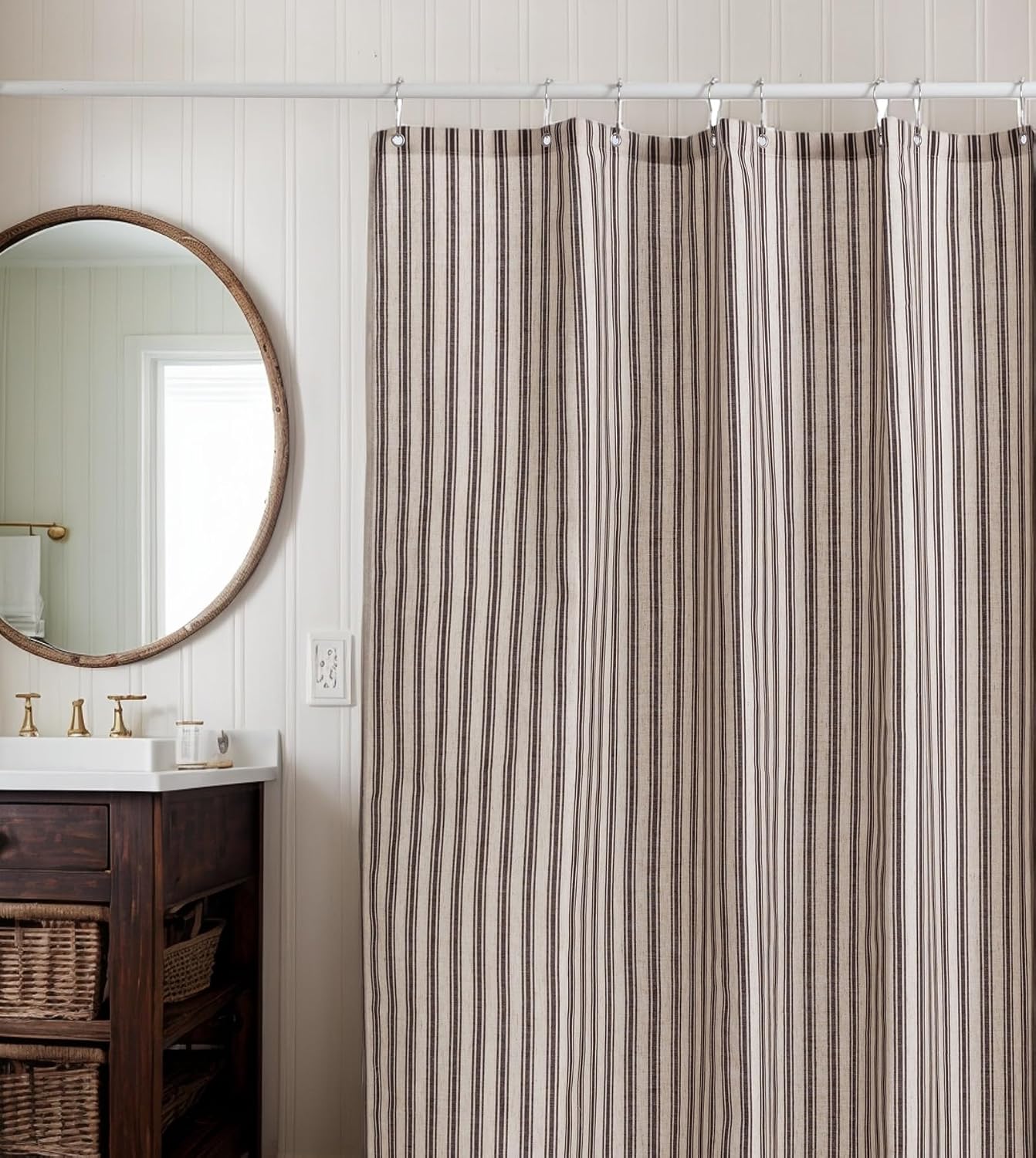 Brown Striped Linen Shower Curtain, Vintage Farmhouse Style Bath Curtain for Bathroom, Country Fabric Shower Curtain with Rustic Charm, Standard Size (72x72 Inches)