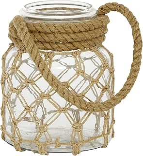 Deco 79 Glass Decorative Candle Lantern with Rope Handle, 7" x 8" x 9", Clear