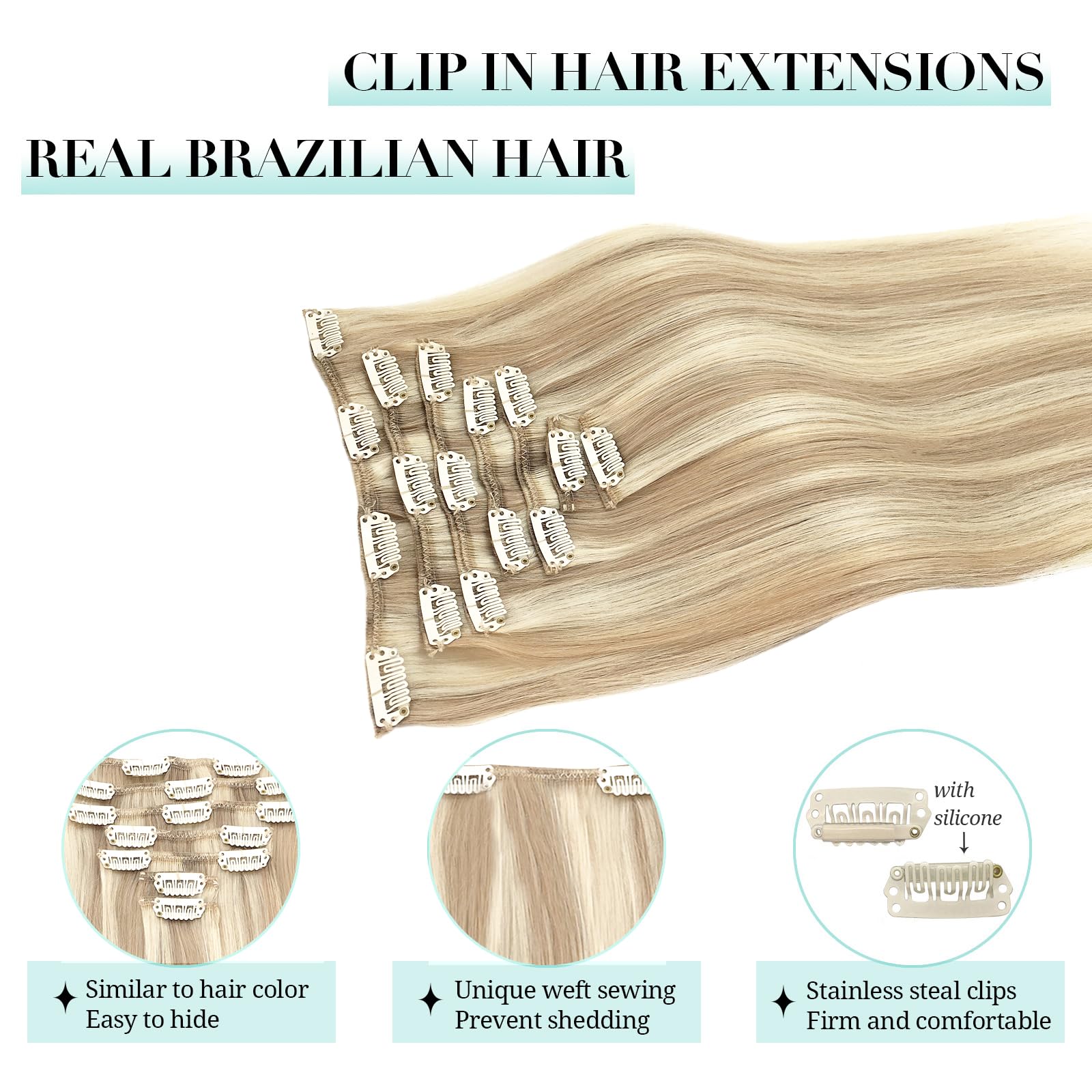 DOORES Extension Capelli Veri Clip, Biondo Sporco Illuminato Biondo Candido 35cm 14 Pollici 7 Pezzi 120g Naturali Capelli Extension con Clip Remy Extension Clip Capelli Veri Capelli Umani Extension