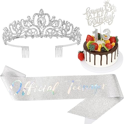 Miniatura 1 de Hapdoo Decoraciones de cumpleaños número 13 para niñas, incluyendo tiara de corona de diamantes de imitación, banda oficial de purpurina para