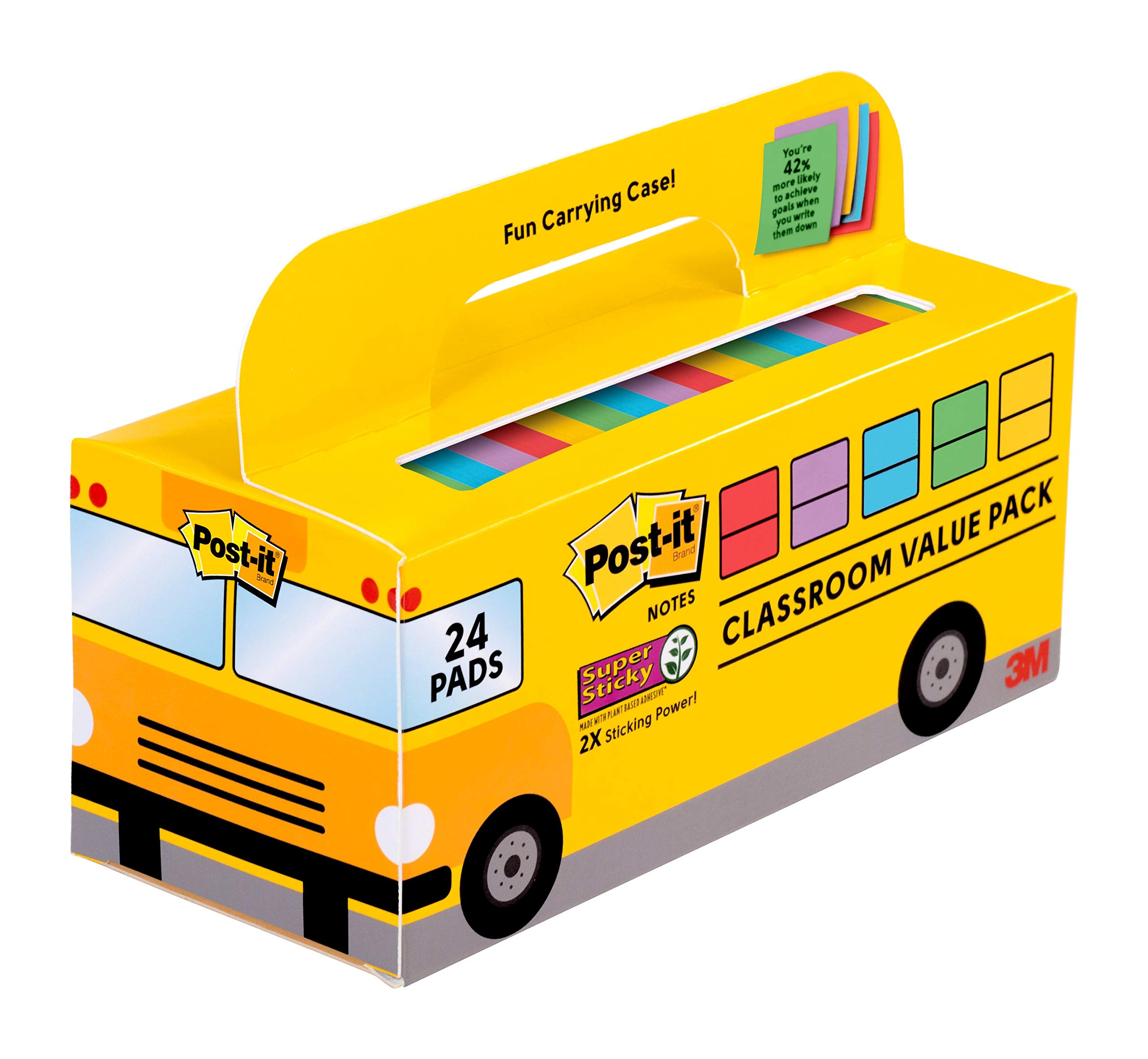 Post-it Notas s per adhesivas, paquete de valor para aula, 24 blocs/paquete, 2 unidades de la fuerza de pegado, 3 pulgadas x 3 pulgadas, colores brillantes (654-24SSAN-BUS)