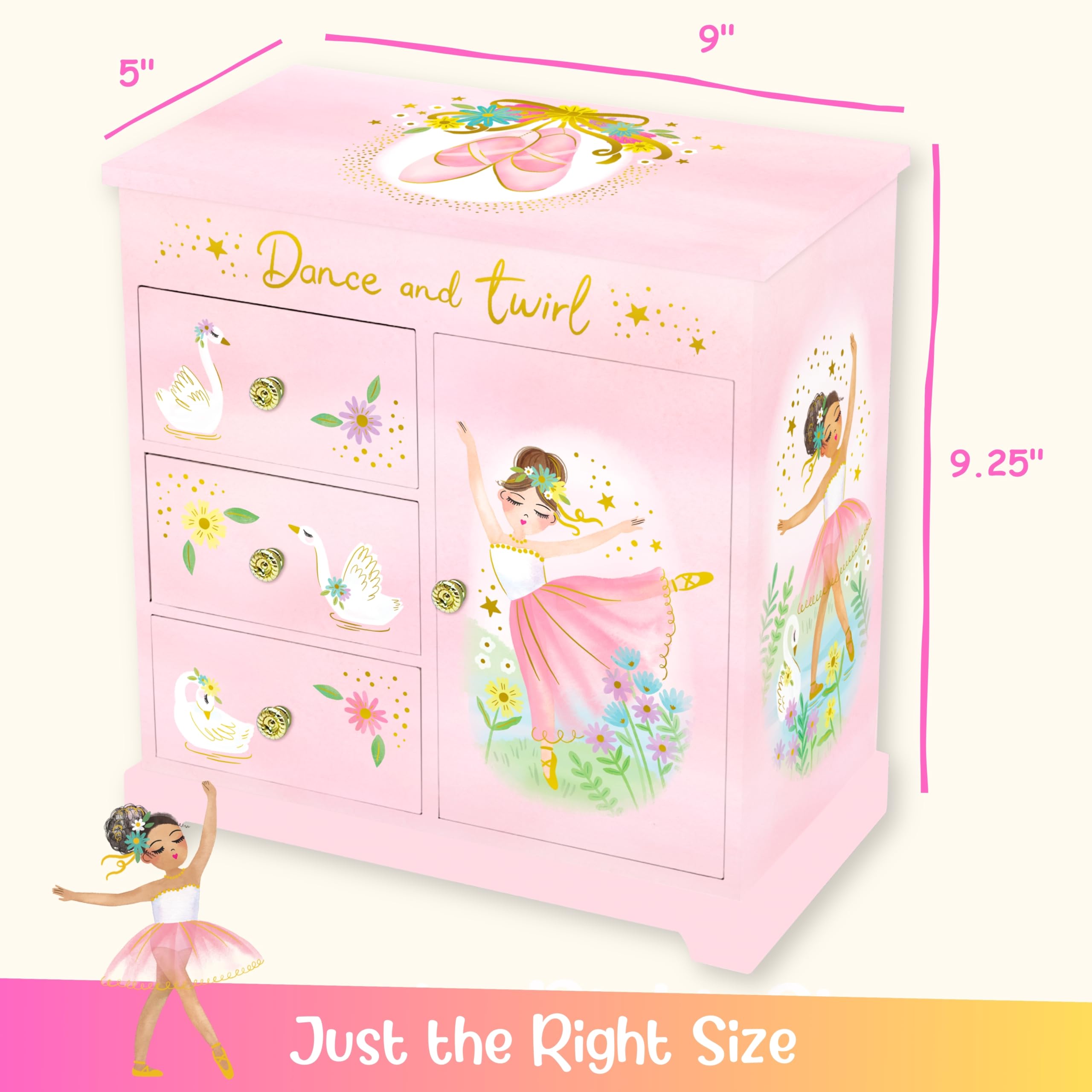 Giggle & Honey Caja de Música Grande con Bailarina y Tres Cajones para Niñas - Joyero Musical con Espejo, Regalo Cumpleaños 3-10