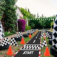 Vista 5 de AHIER 38 Pcs Traffic Cones and Racing Flags Set - 12 Plastic Cones With Hole, 24 Checkered Flags With Sticks, 6.5Ft Racetrack Floor Runner and 9.8ft