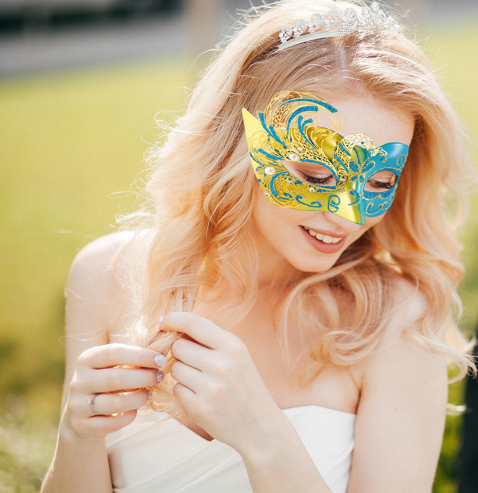 MYSEUNI 2025 New Gold and Blue Masquerade Mask for Women-Butterfly Masquerade Eye Mask - Image 4