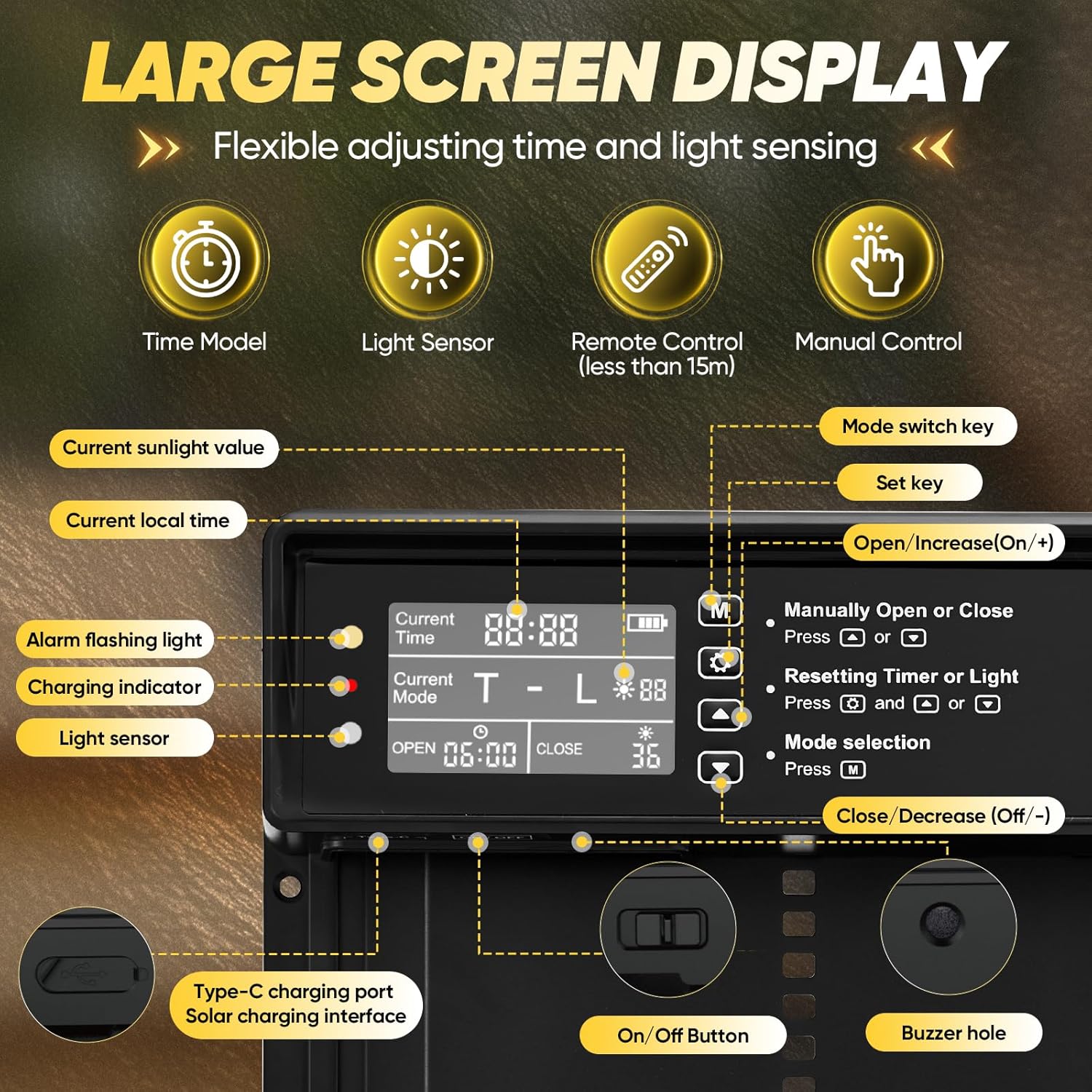 Detailed view of the SakerPlus chicken coop door's LCD display and control buttons