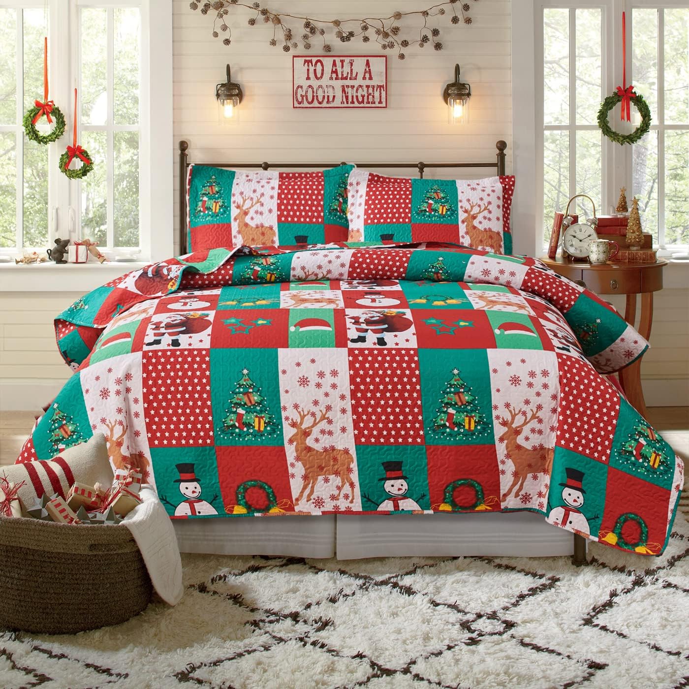 Quilt Set King Size Christmas Bedspread Coverlet Home Holiday Christmas Bedding Red Green Plaid Patchwork Christmas Quilts Lightweight Reversible Quilt Santa Claus Snowman Elk Plaid Christmas Bed Set
