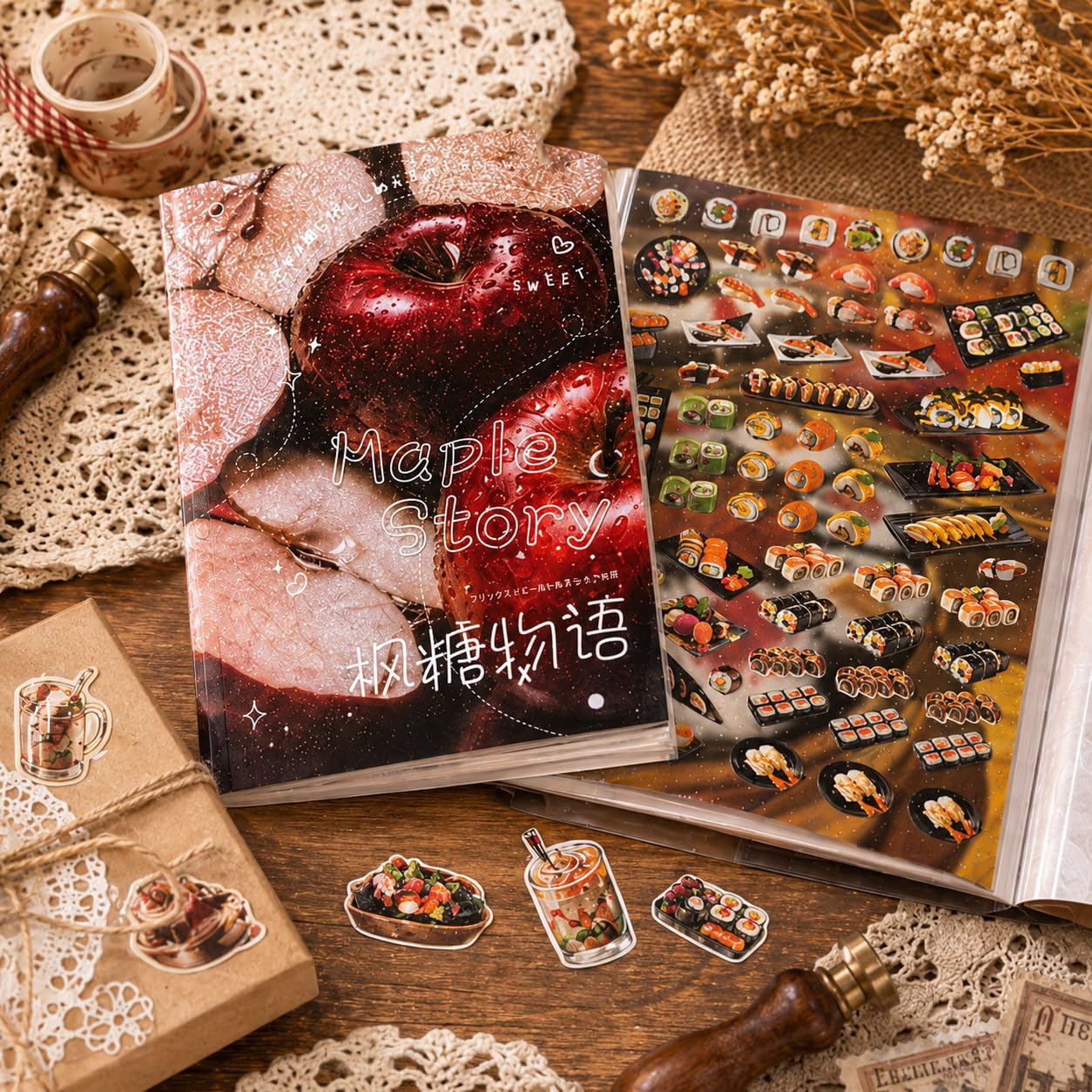 30-Sheet Foodie & Dreamcore Aesthetic Sticker Book - Maple Story Theme Die-Cut Decals with Shimmer, Tactile & Smooth Finishes for Journaling, Scrapbooking, Planners, Vision Boards & DIY Crafts
