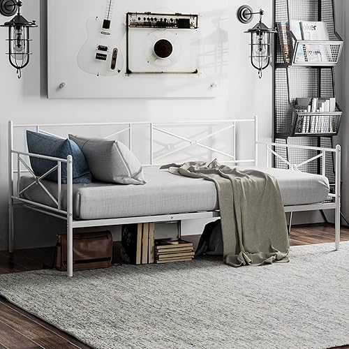 Giantex White Steel Bed Frame, Metal Daybed Twin Bed Frame Stable Steel Slats Platform Base Box Spring Replacement Children Bed Sofa for Living Room Guest Room (White)