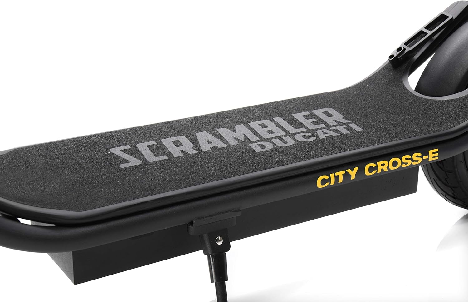 Close-up of the scooter deck with 'Scrambler Ducati' and 'City Cross-E' branding