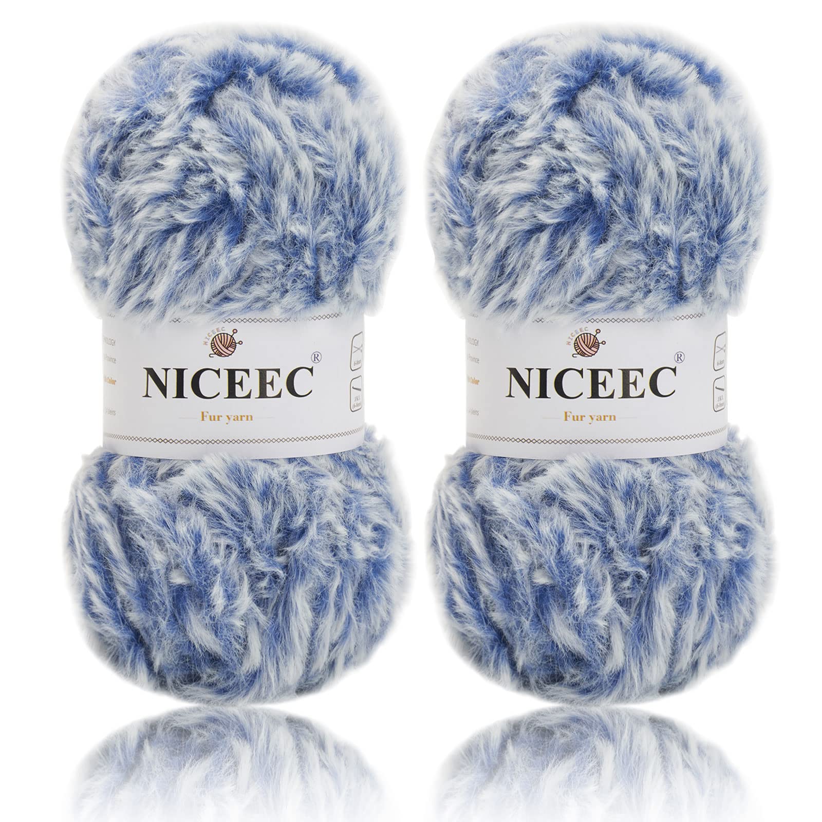 NICEEC 2 Skeins Faux Fur Yarn Super Soft, Chunky & Fluffy, Eyelash Yarn for Crochet & Knitting (Total Length 70yds,3.53oz) - Blue