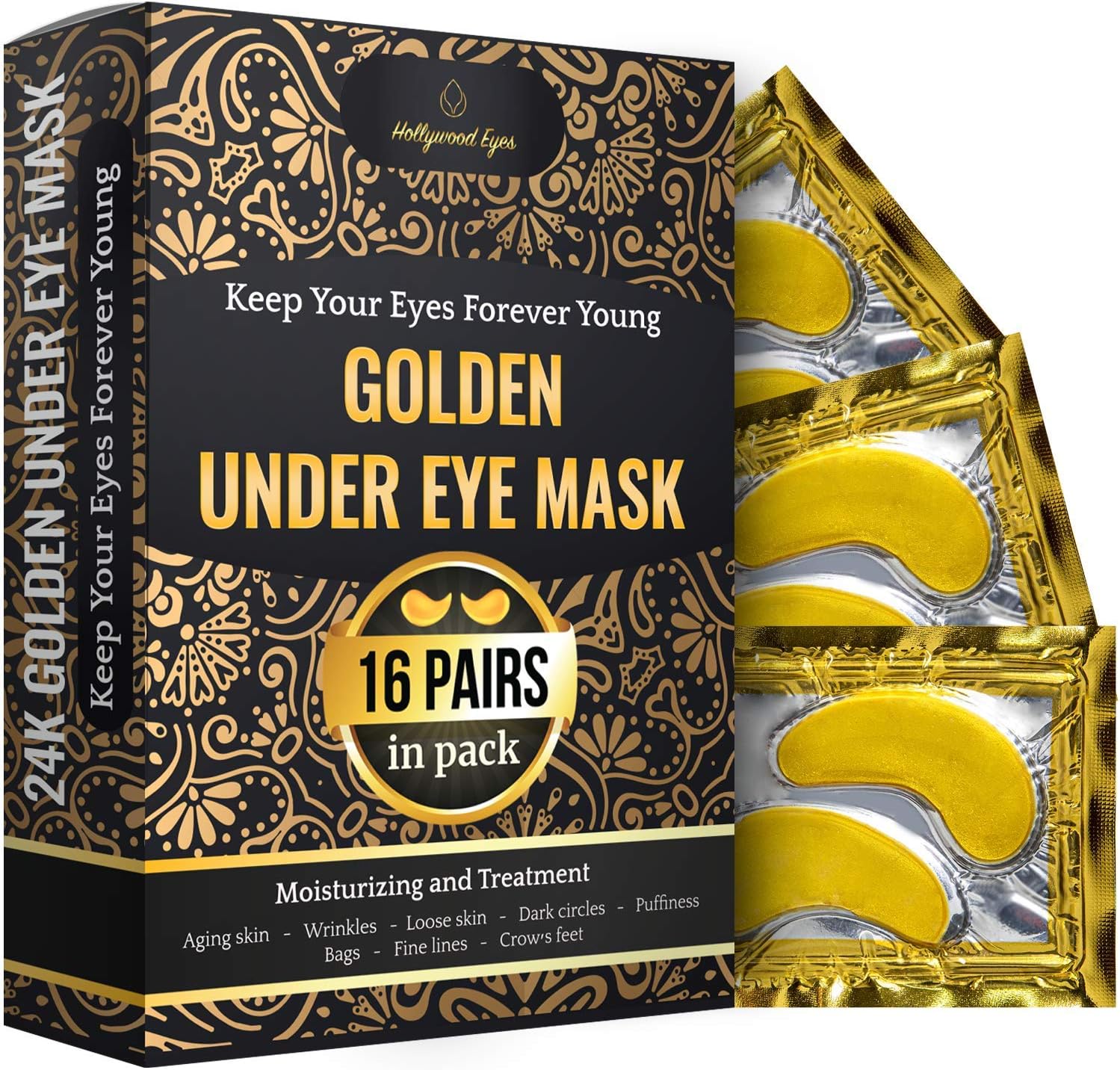 Under Eye Patches, 24K Gold Collagen Eye Mask, Dark Circles and Wrinkles Treatment, Anti-aging, Gel Pads for Puffiness and Bags, Immune System Support for Eyes, With Hyaluronic Acid, Deep Moisturizing