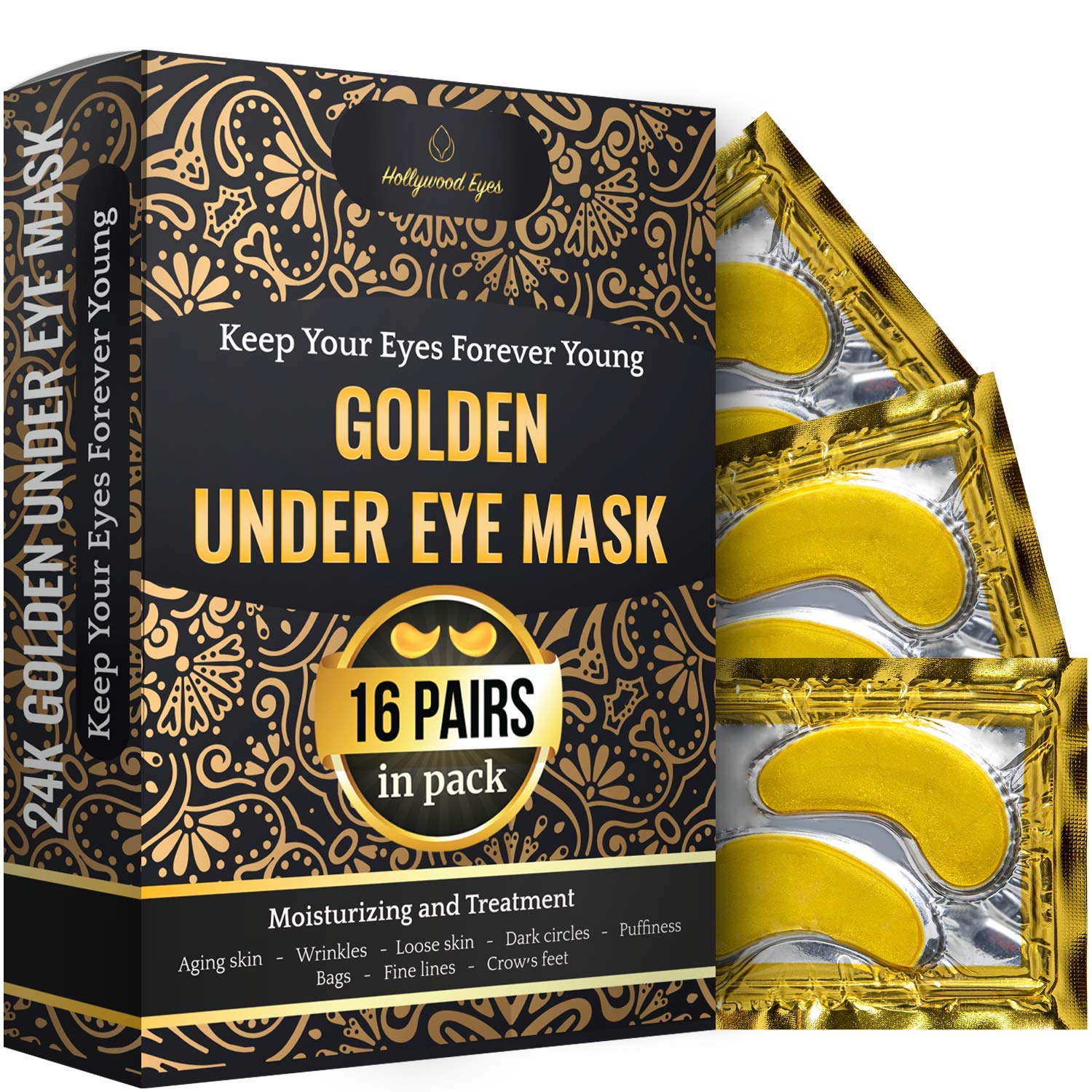 Under Eye Patches, 24K Gold Collagen Eye Mask, Dark Circles and Wrinkles Treatment, Anti-aging, Gel Pads for Puffiness and Bags, Immune System Support for Eyes, With Hyaluronic Acid, Deep Moisturizing
