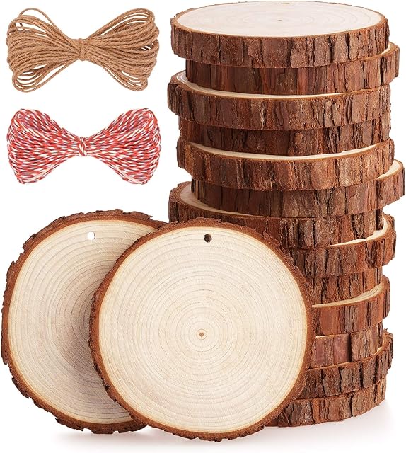 Fuyit Natural Wood Slices 15 Pcs 10-11cm Drilled Hole Unfinished Log Wooden Circles for DIY Crafts Wedding Decorations Christmas Ornaments with Free Gifts