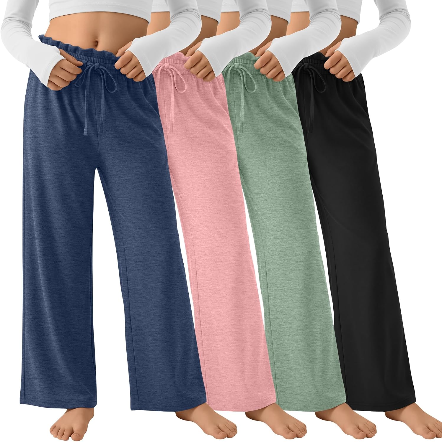 4 Pack Girls' Wide Leg Sweatpants 5-14 Years Baggy Drawstring Loose Kids Ruffled Elastic Waist Pants with Pockets
