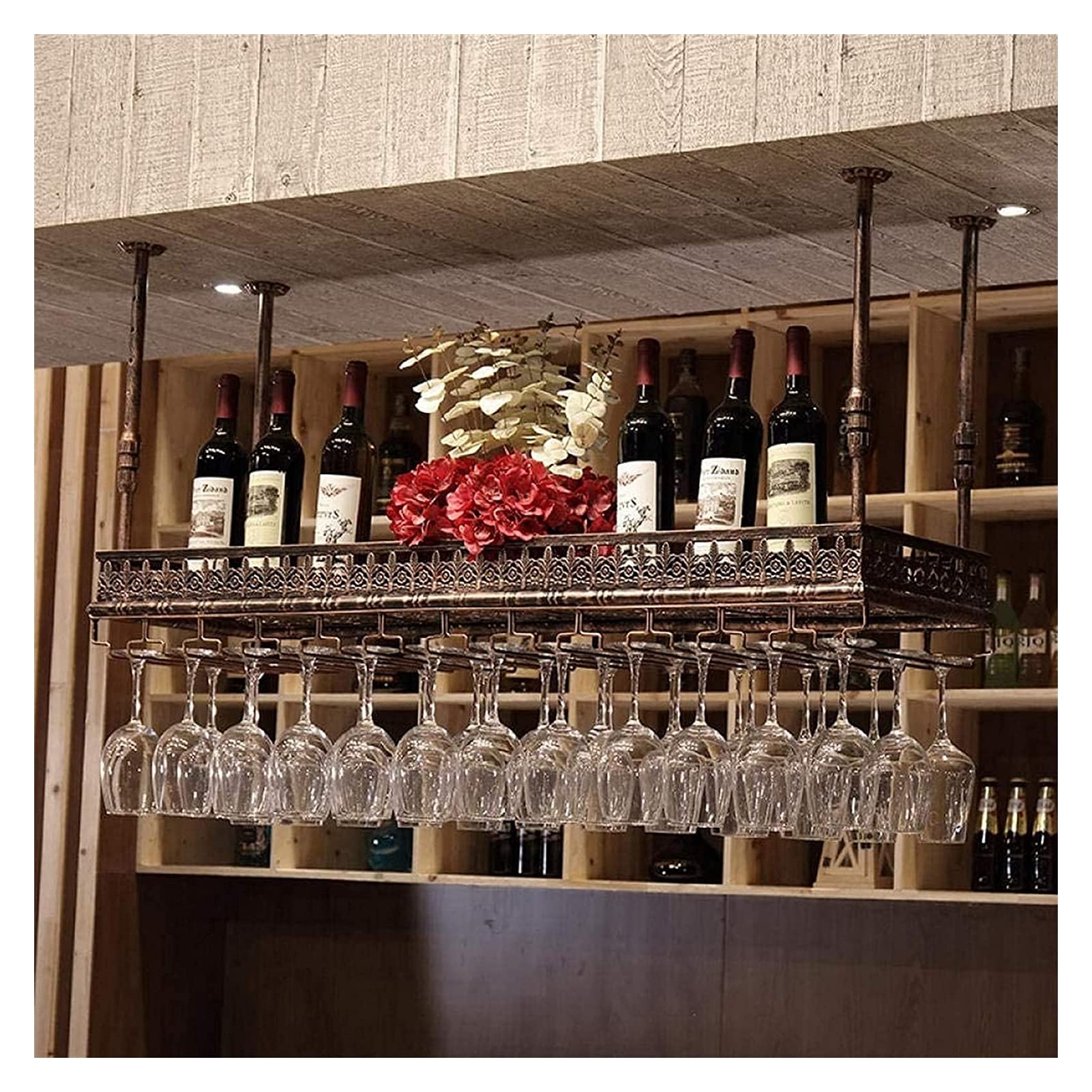 Casier à vin suspendu au plafond MObyat en métal noir avec support de verre pour bar à domicile
