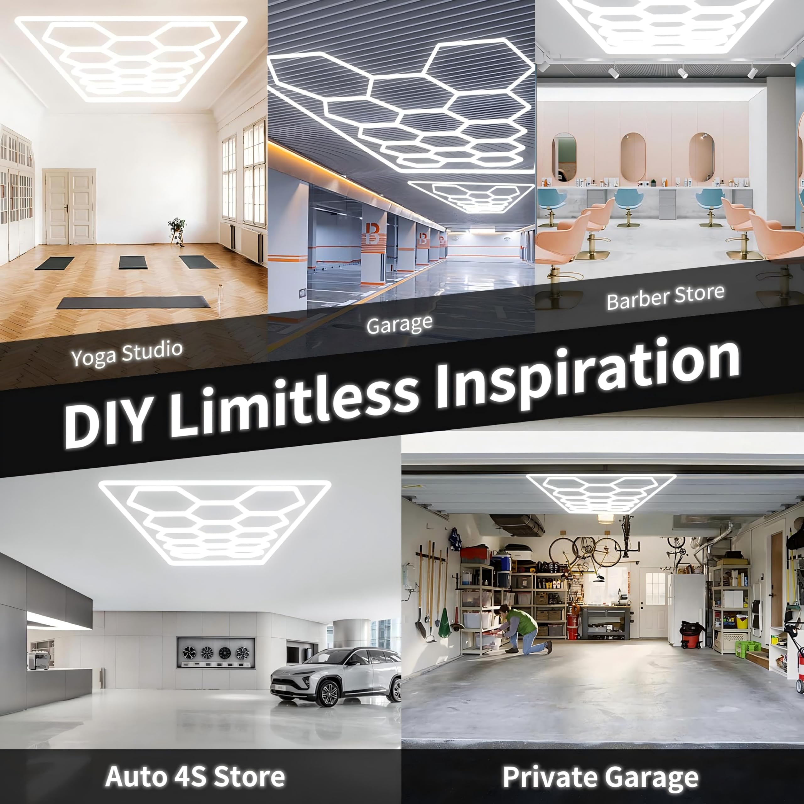hexagon LED 14-Hex 720W 6500K Verformbare LED Werkstatt- & Deckenleuchte | Sechseck Garage Licht für Garage, Werkstatt & Arbeitsplatz | 14-Loch mit Rahmen