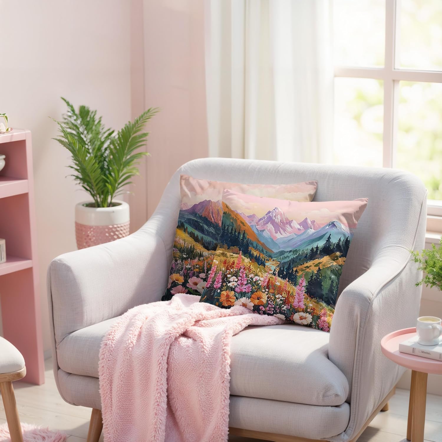 Colorful Nature Flowers Home Decor Throw Pillow Covers 18x18 Set of 2,Boho Blue Ridge Mountain Decor pillowcase,Modern Wildflower Blossom Landscape Art - Image 3