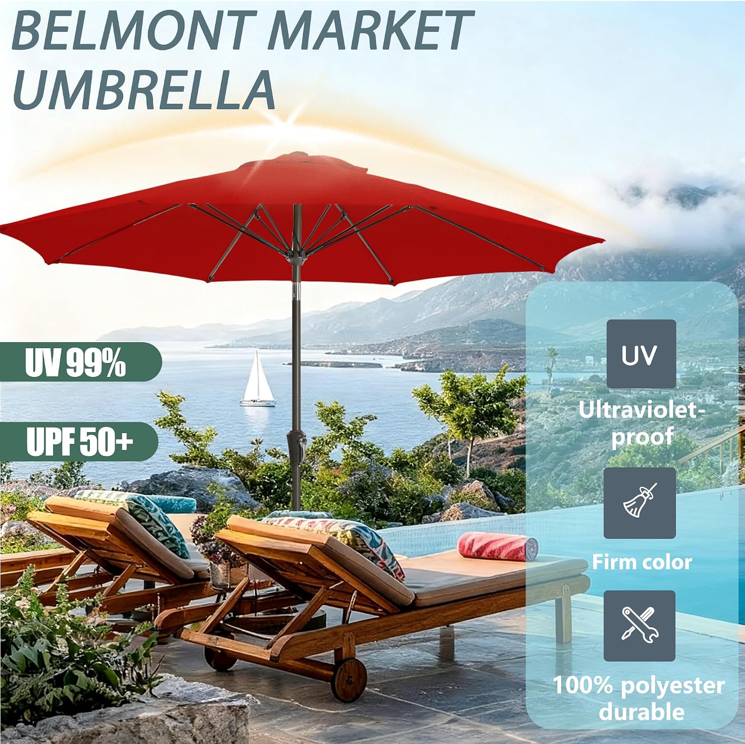 9FT Outdoor Patio Umbrella Outdoor pool Umbrella with Push Button Tilt and Crank, Market Umbrella 8 Sturdy Ribs UV Protection for Garden, Deck, Backyard (Red)