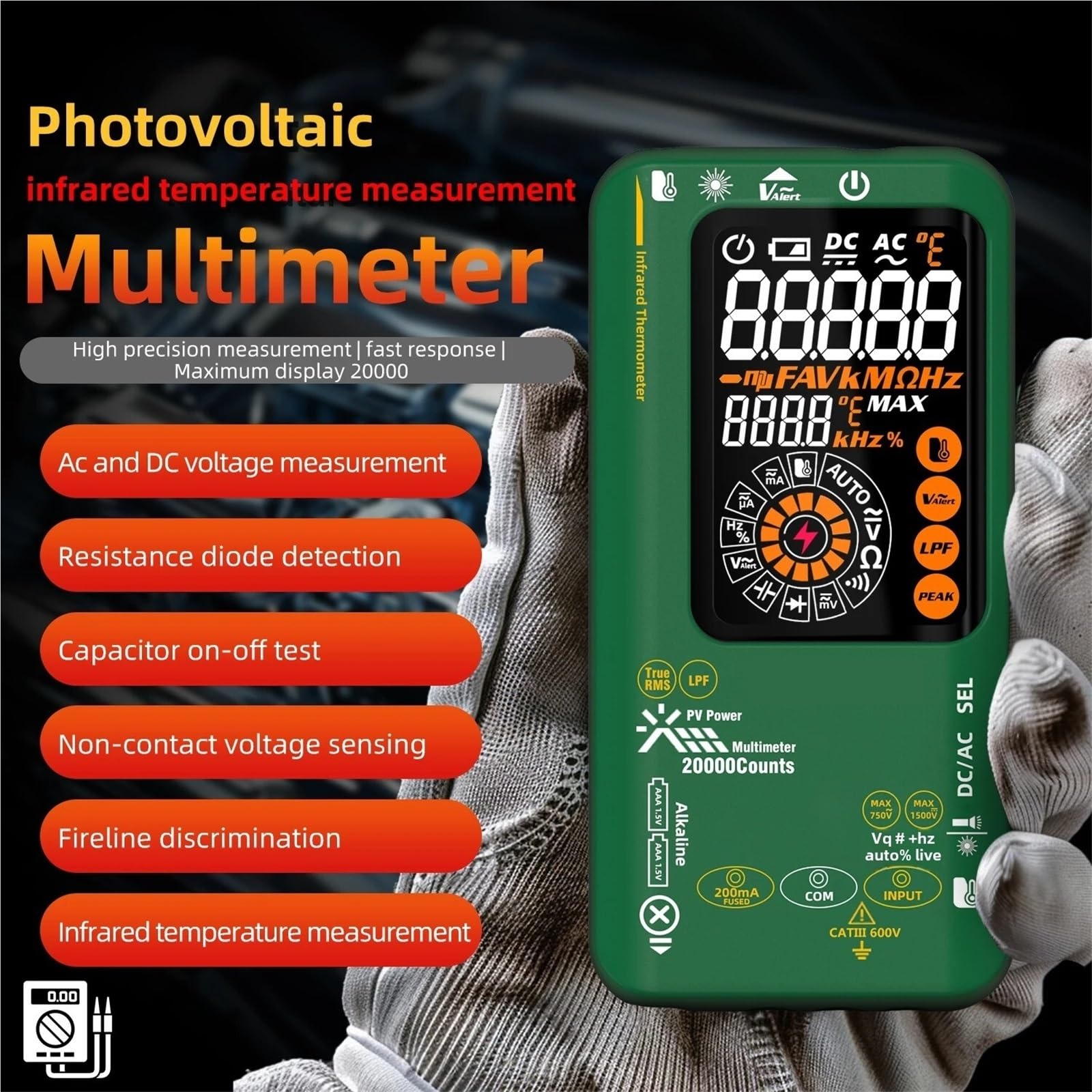 Multimetro, Multimetro digitale intelligente fotovoltaico con display da 20.000 parole, misurazione della temperatura a infrarossi, tensione e corrente continua a 1.500 V.