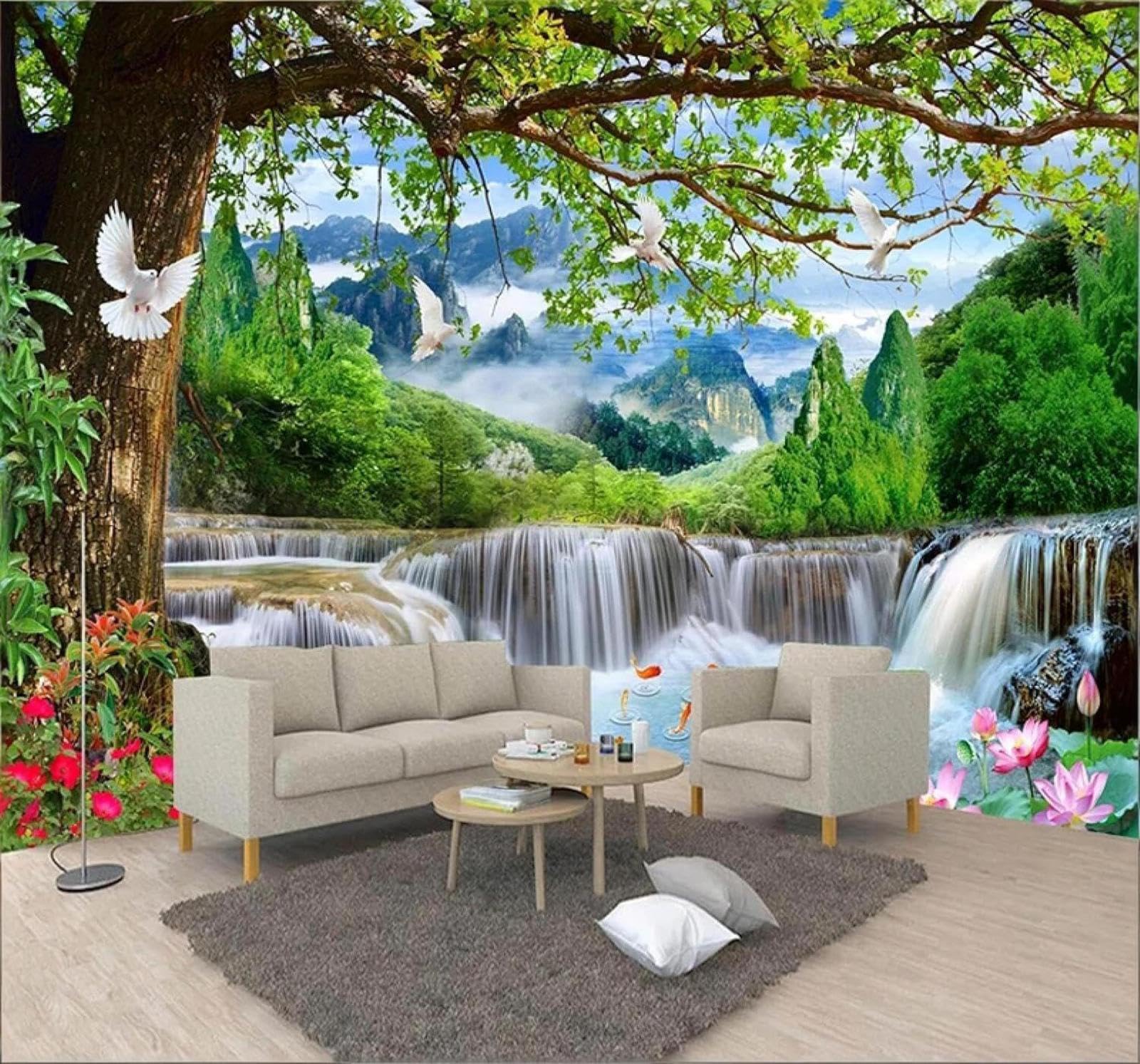 XLMING Fresh Green Trees Waterfall Natural Scenery Fairyland 3D Wallpaper Silky Texture Home Study Office Grey Dining Room Sofa Bedroom Living Room TV Backdrop-200cm×140cm