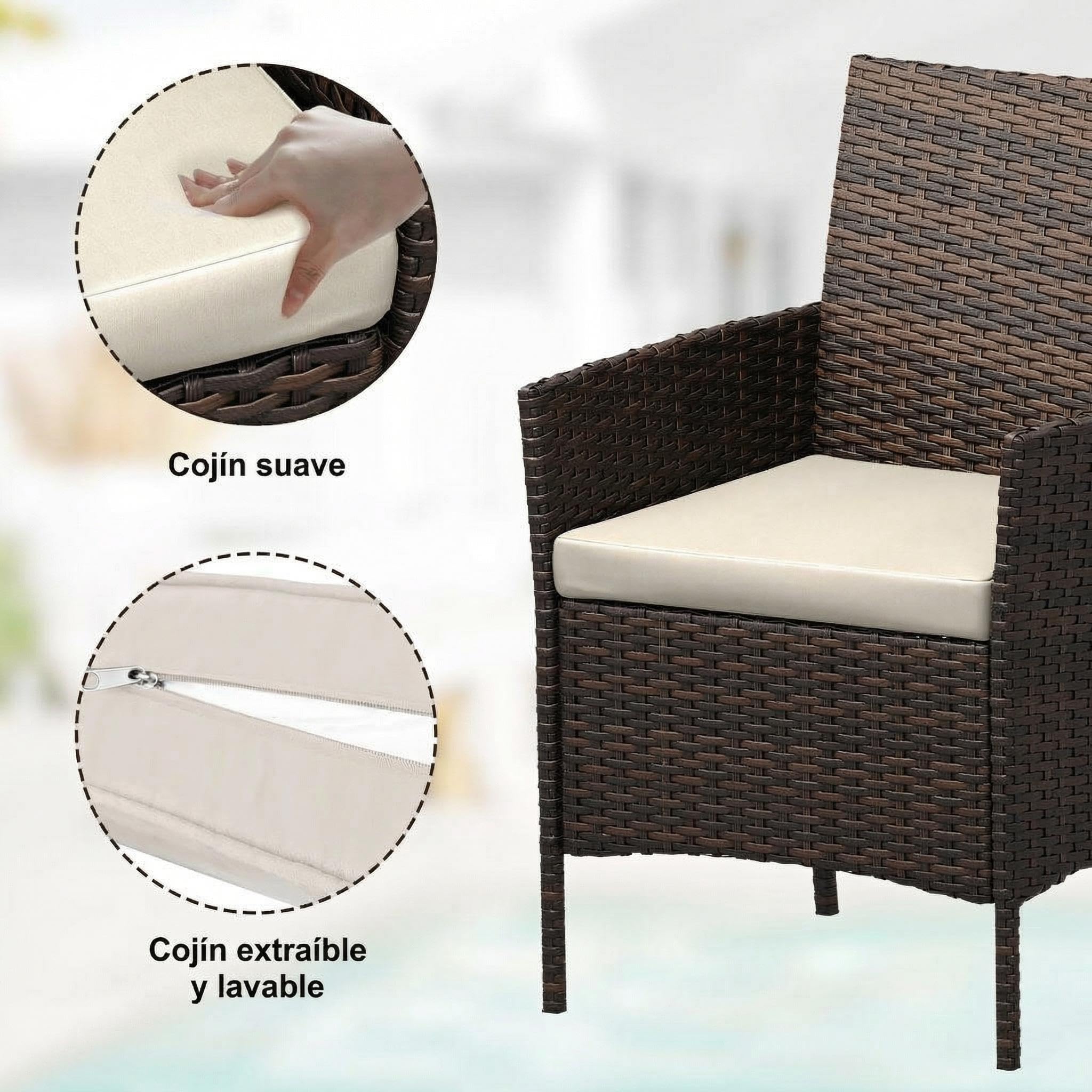 Conjunto de Muebles de Jardín de 3 Piezas, Juego Bistro de Exterior con 2 Sillones de Ratán PE, Mesa de Cristal y Cojines Resistentes a la Intemperie, para Terraza, Balcón, Patio o Jardín, Marrón/Bei