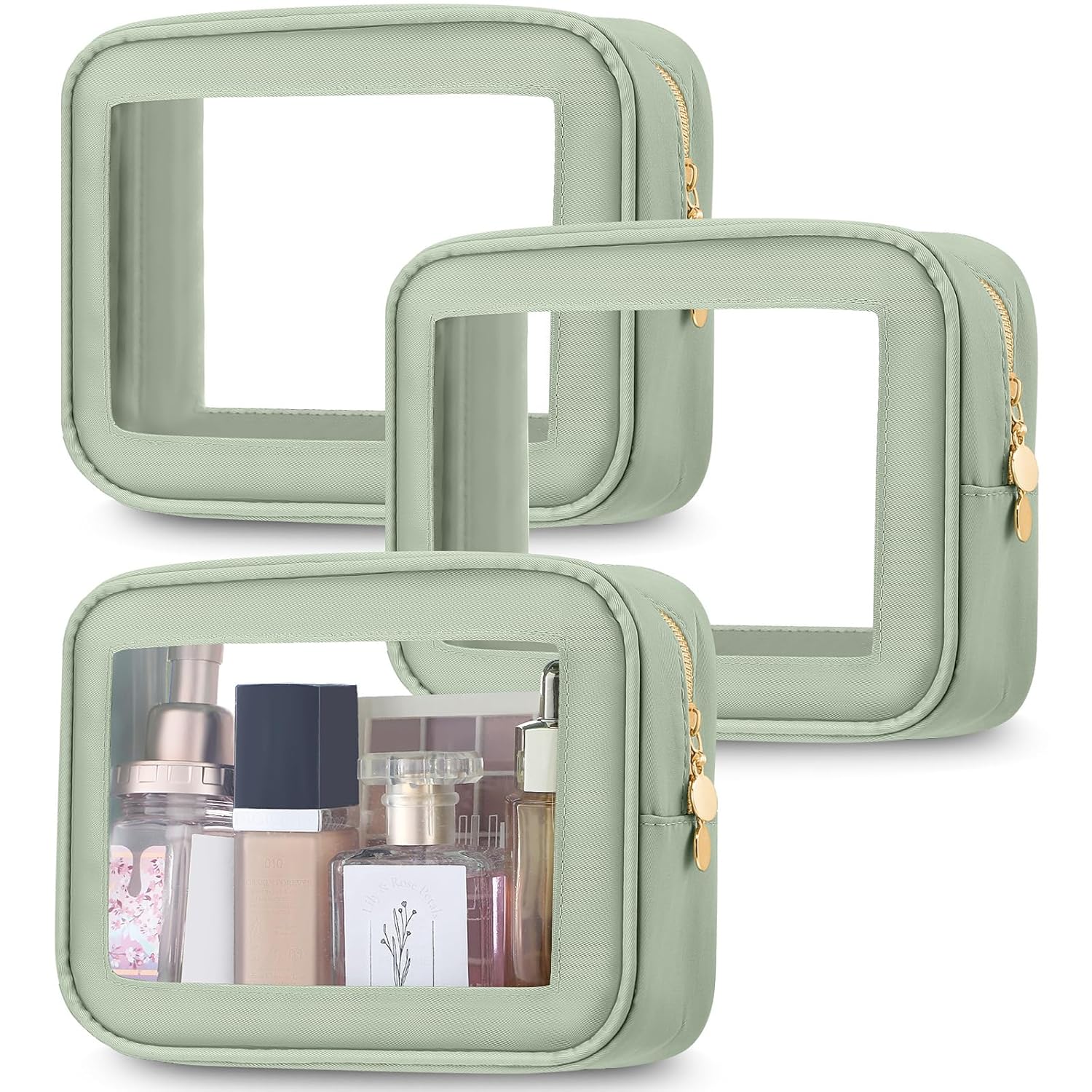 Abbylike 3 Pcs Clear Makeup Bags Car Cosmetic Bag with Zipper Nylon PVC Travel Toiletry Pouches Sets for Women New Years Gifts, Valentine's Day Wedding Gift for Her(Green)