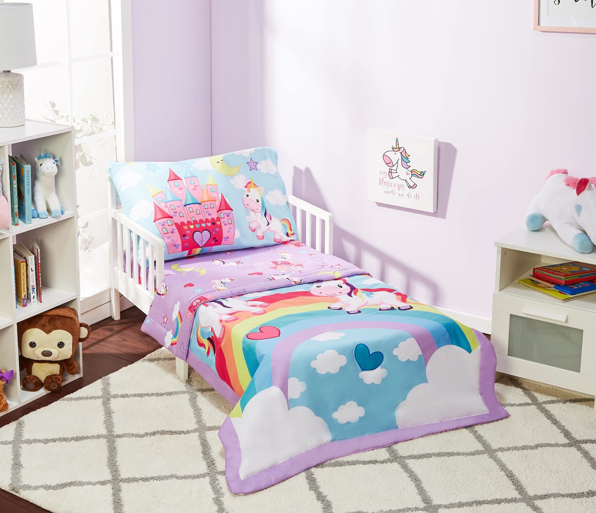 EVERYDAY KIDS 4 Piece Toddler Bedding Set - Unicorn Dreams - Includes Comforter, Flat Sheet, Fitted Sheet and Reversible Pillowcase